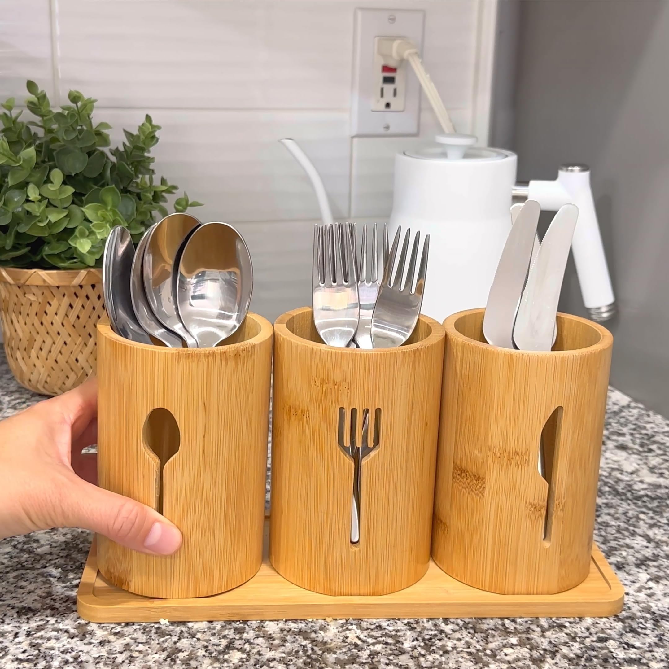 365Home Bamboo Silverware Organizer Countertop, Flatware Caddy, Bamboo Utensil Holder For Party, Kitchen Table, Farmhouse