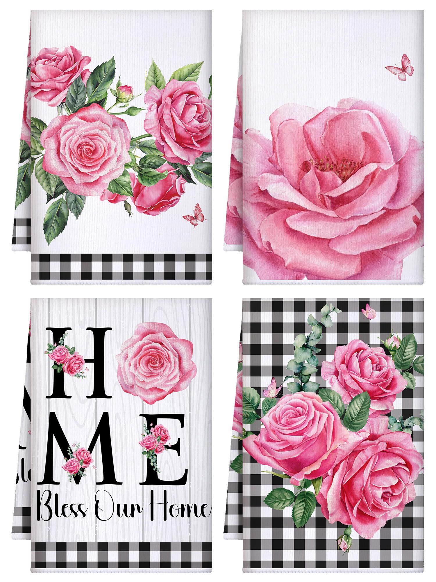 Bencailor 4 Pcs Pink Rose Kitchen Towels Flower Floral Hand Dish Towels Pink Buffalo Plaid Absorbent Dishcloth Fast Drying Decor