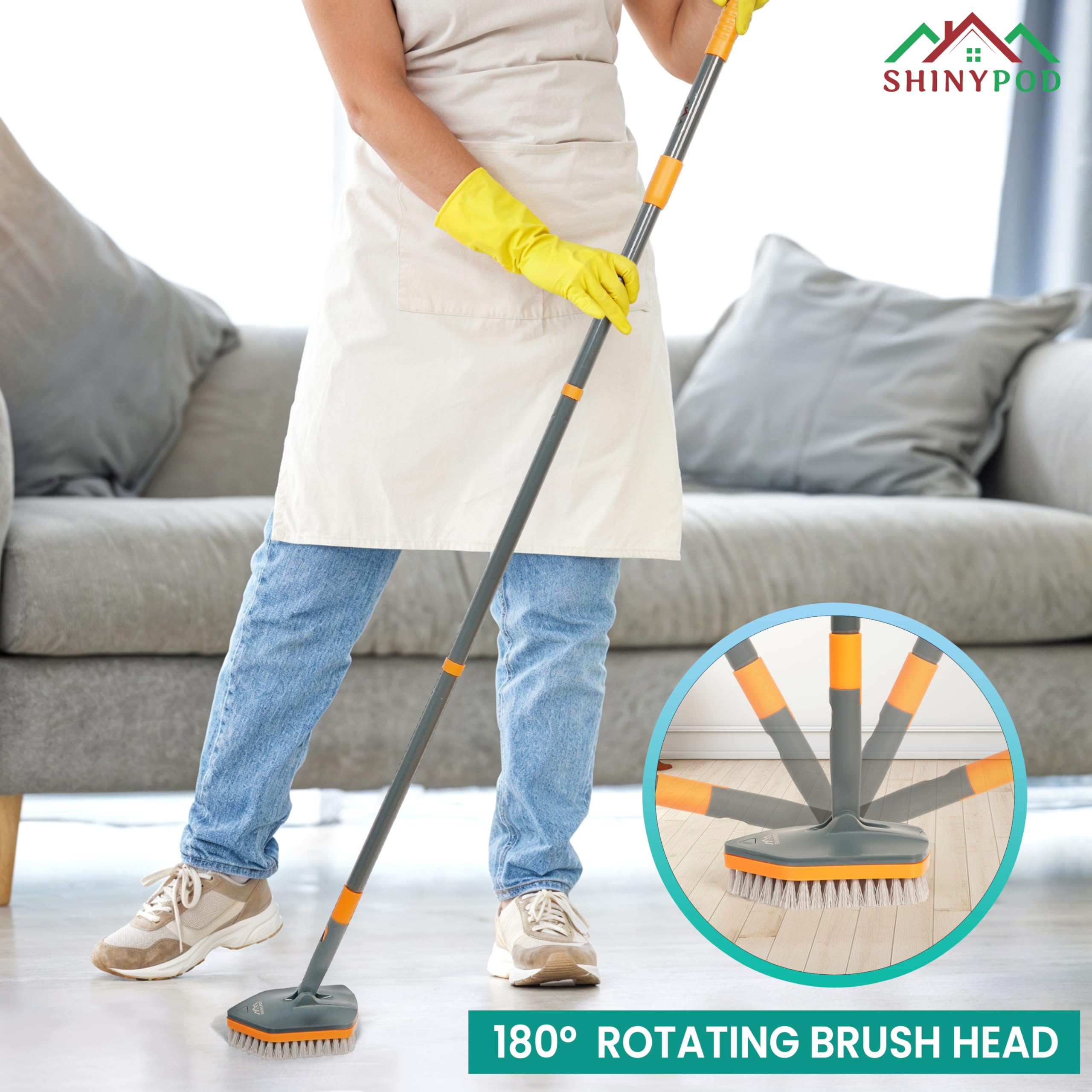 Shinypod Floor Cleaning Brush With Long Handle, Combo Of Microfiber & Scrubbing Pads For Bathroom Tiles, Glass Windows  Wall Cle