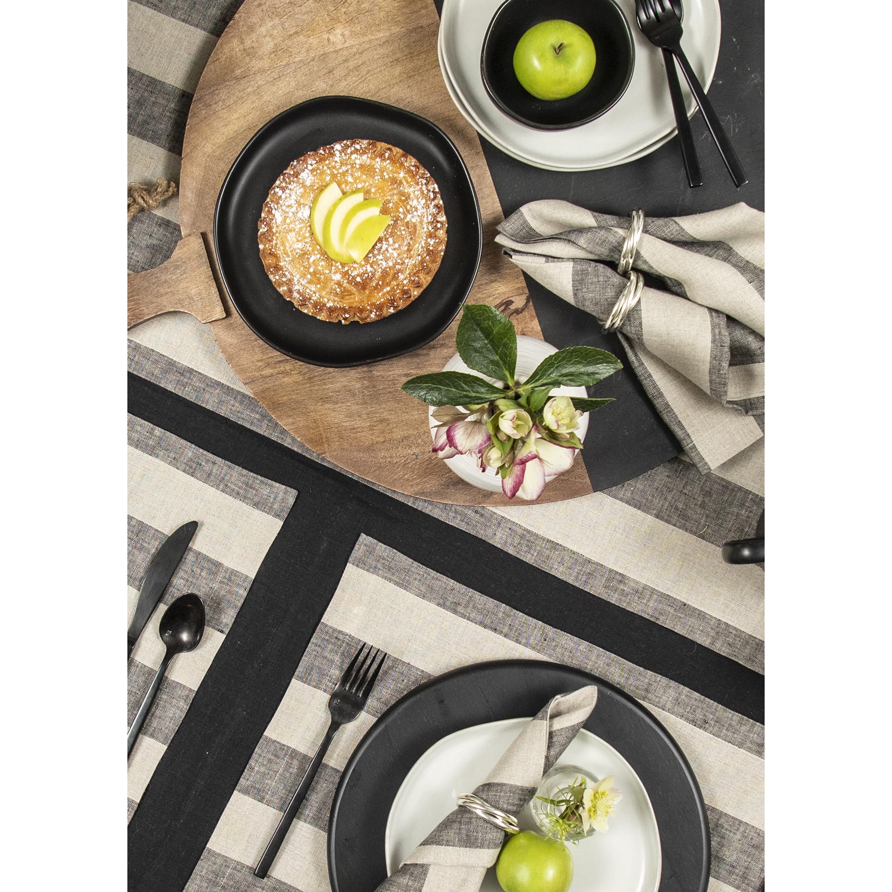 Solino Home Linen Stripe Table Runner 108 Inches Long - 100% Pure Linen Black And Natural Table Runner 14 X 108 Inch - Cabana St