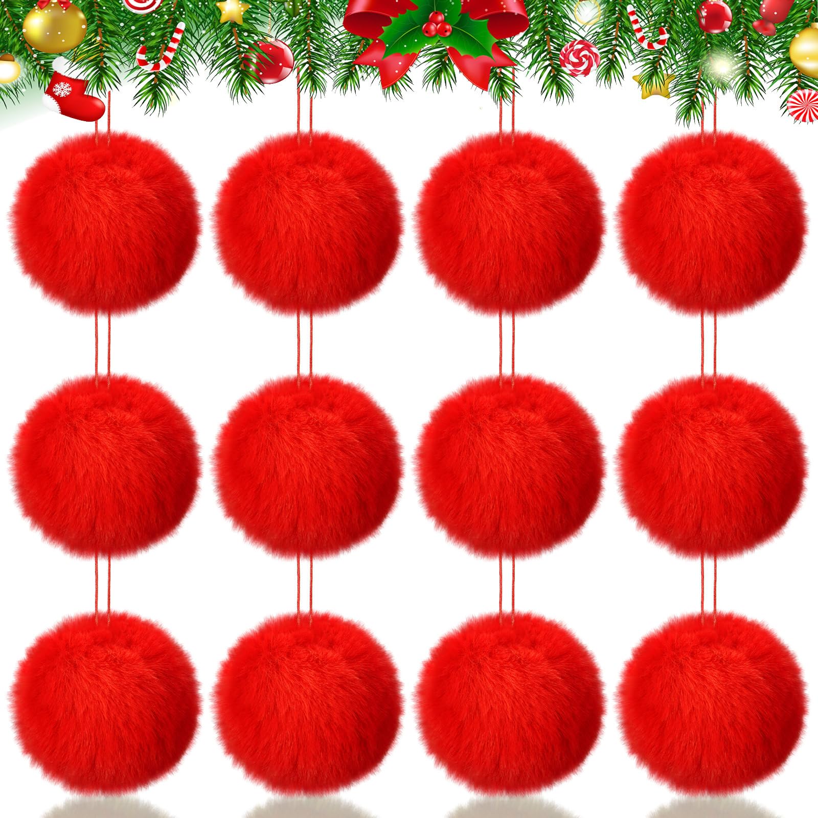 Gejoy 12 Pcs Red Furry Christmas Ball Ornaments for Xmas Tree Red Christmas Hanging Decorations Soft Faux Fur Pom Pom Ball Ornam