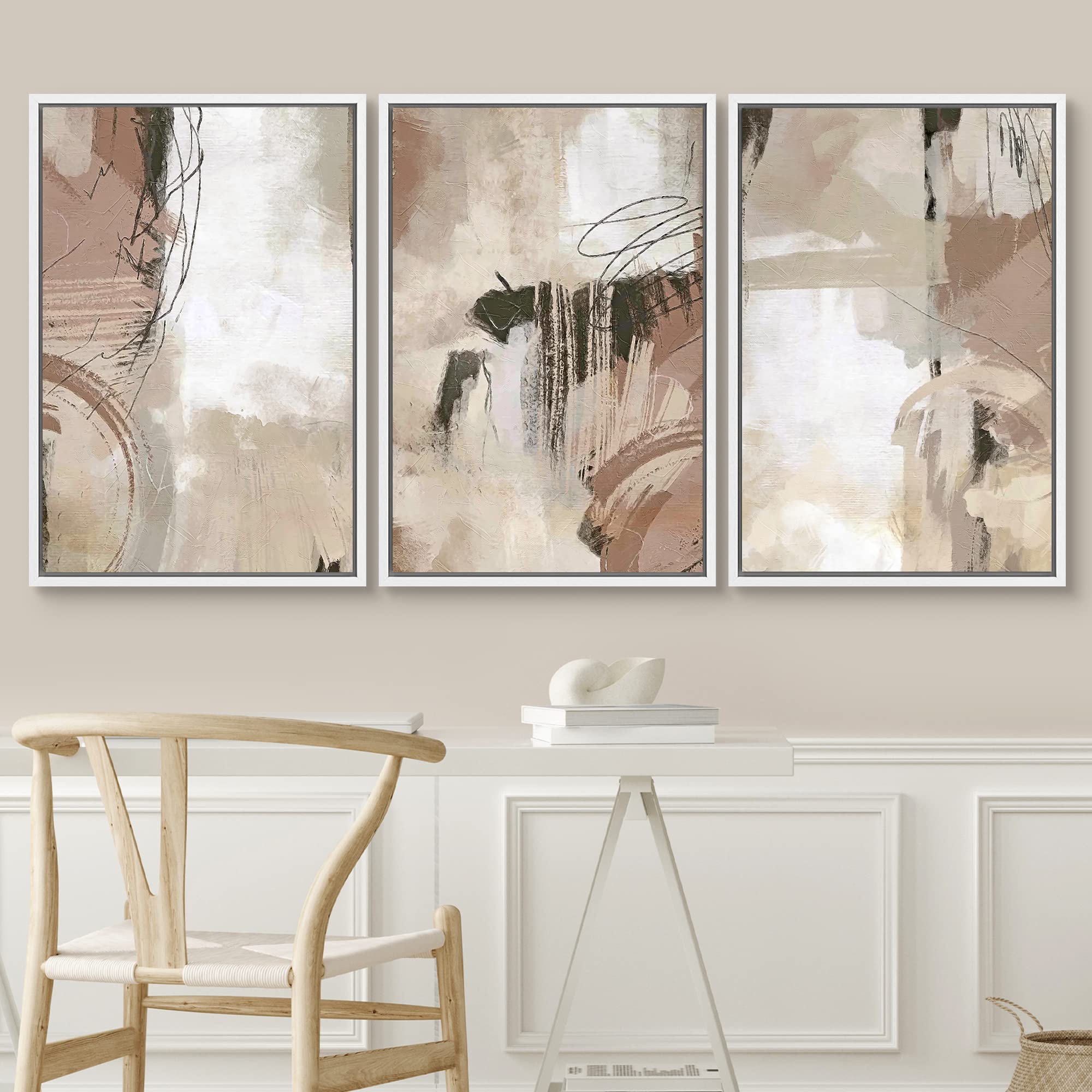 Signwin Framed Canvas Print Wall Art Set Brown Pastel Watercolor Paint Strokes Shapes Abstract Illustrations Modern Art Decorati