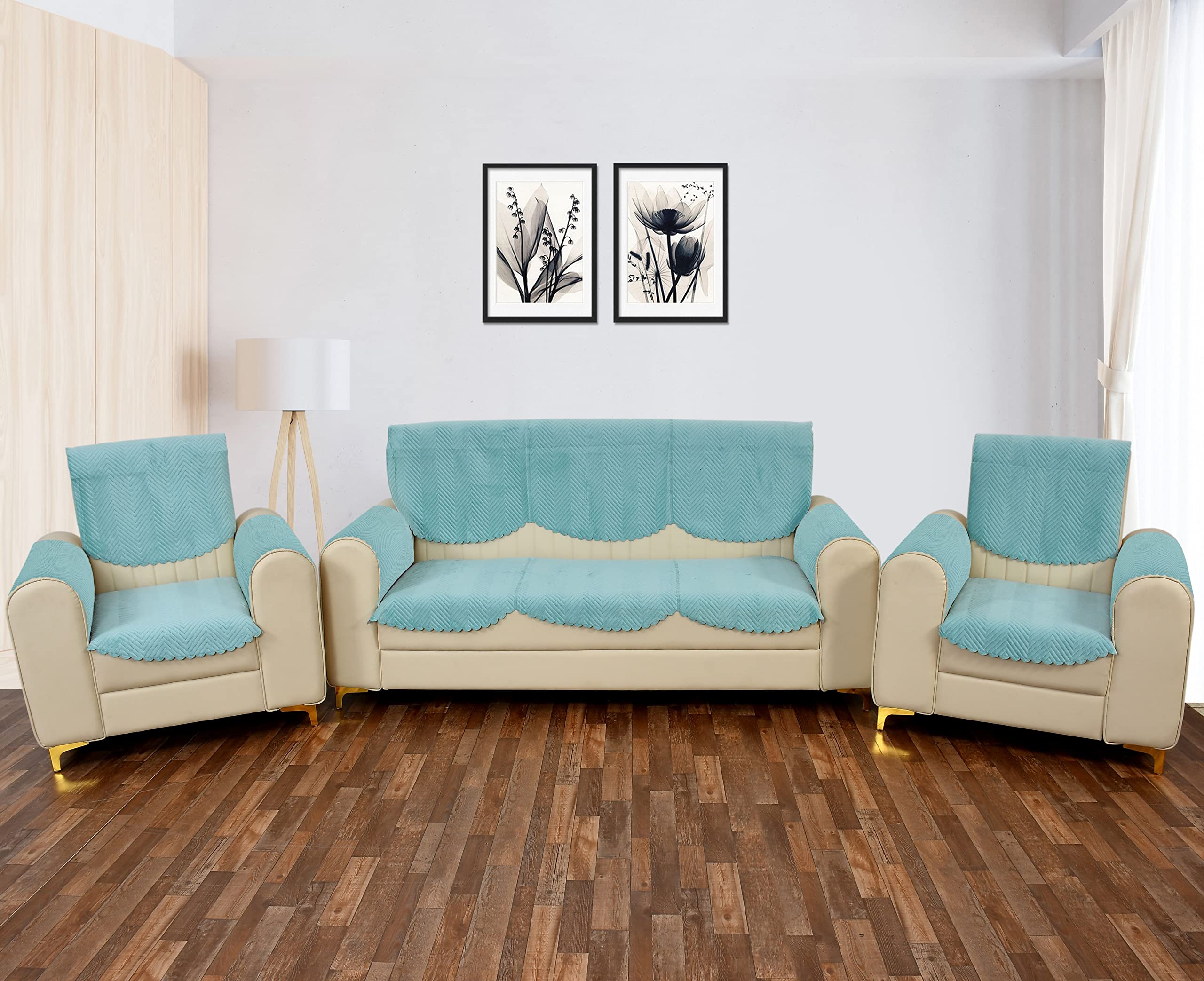 Yellow Weaves 5 Seater Quilted Sofa Cover And Chair Cover With Arm Cover, Seat & Back Cover, Color - Sky Blue - Velvet