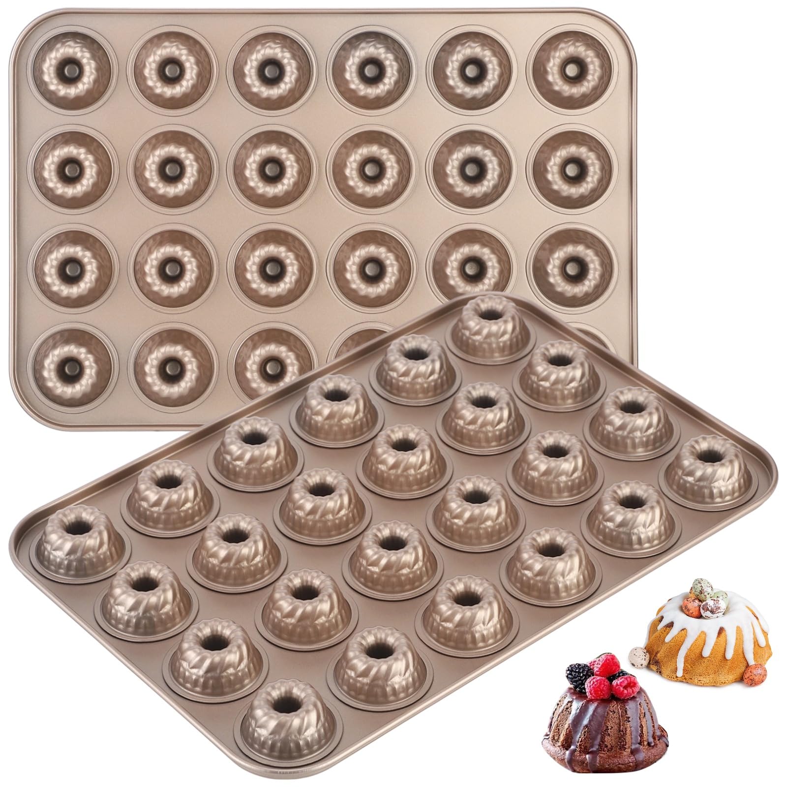Lnrueg 2 PCS Mini Bundlette Cake Pan, 24Cavity Mini Fluted Cake Mold, Nonstick Carbon Steel Pan, BiteSize 2 in Cups, 14.8 x 10