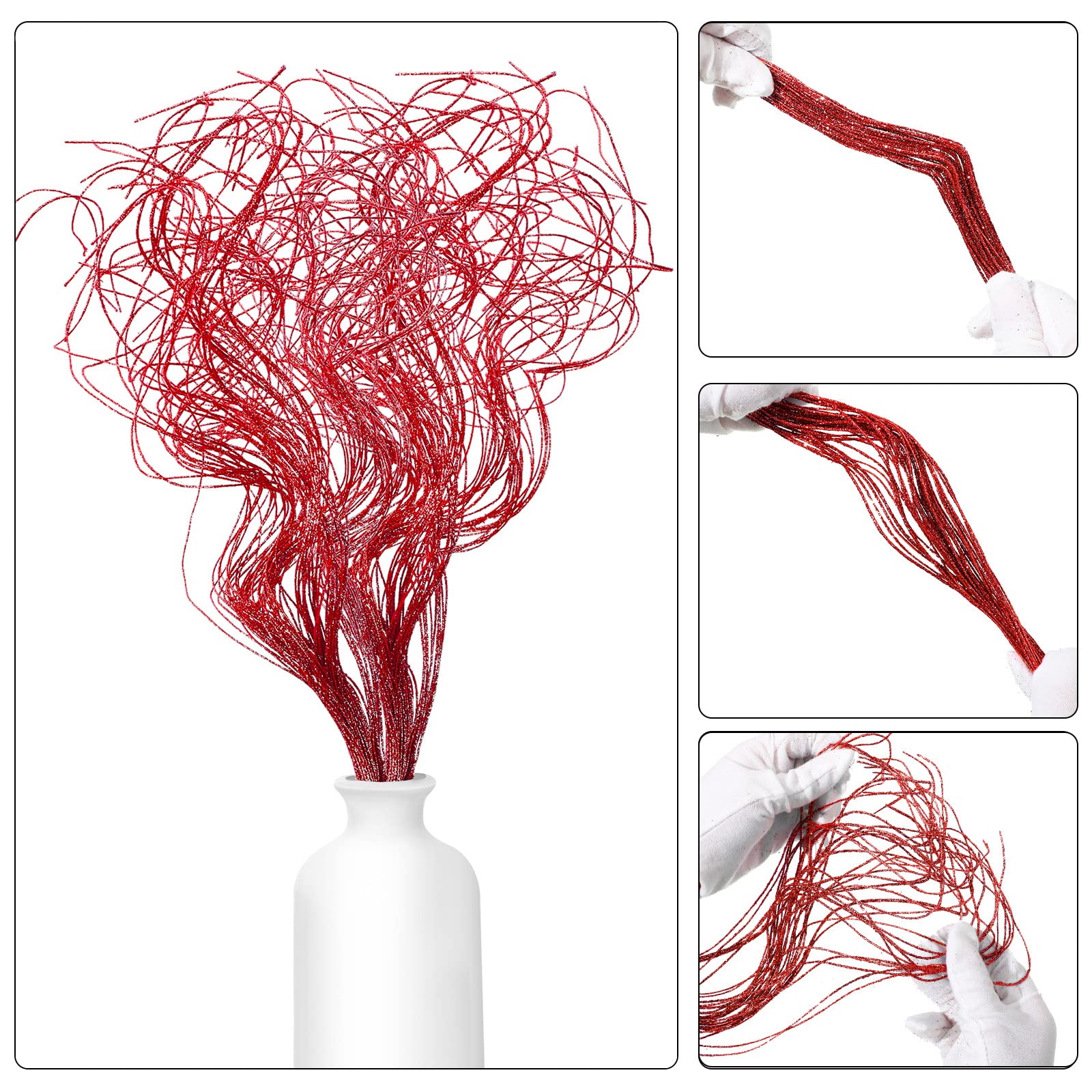 Syhood 36 Pieces Red Glitter Curly Ting Ting Branches Christmas Branches Vase Filler Artificial Curly Twigs for Christmas Tree G