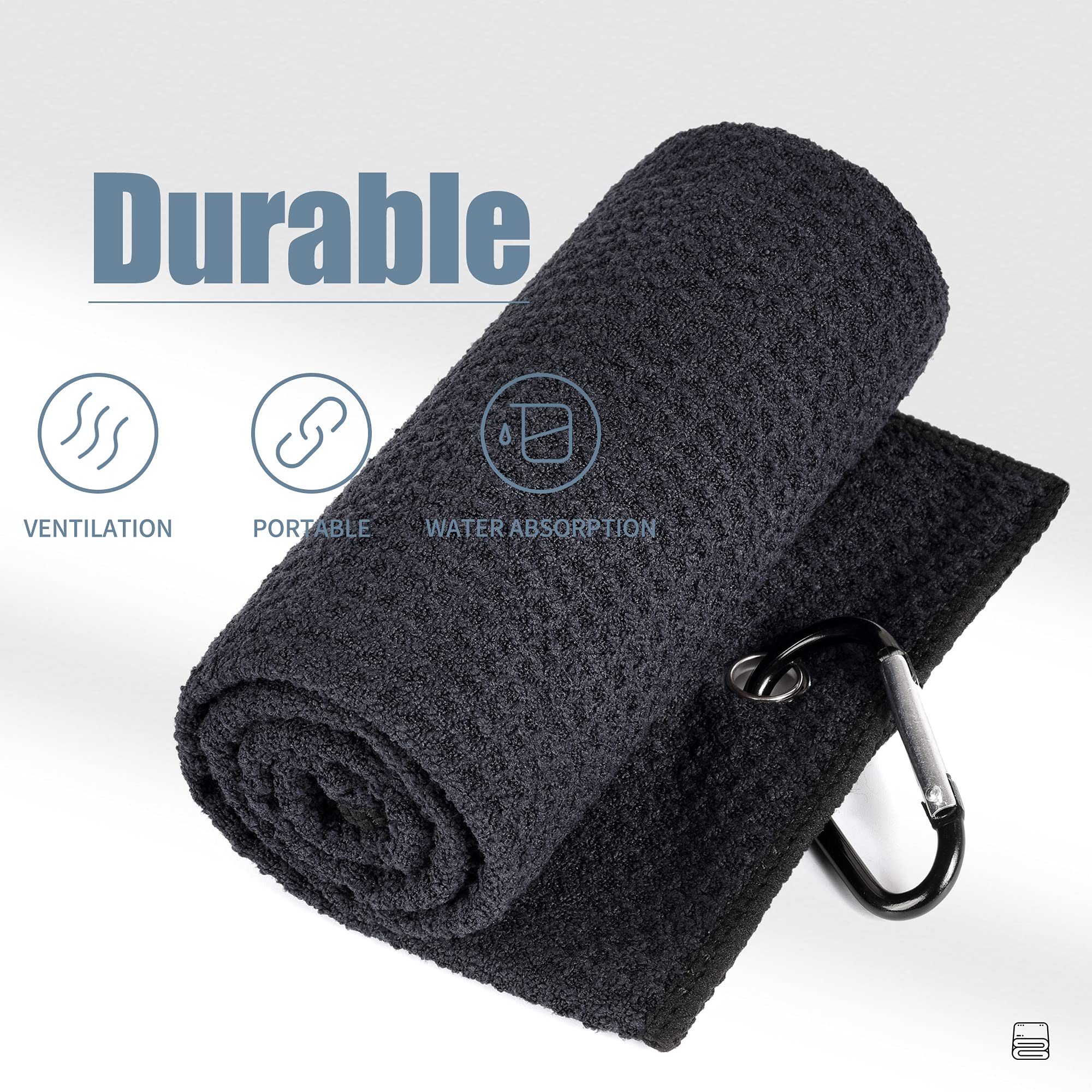 Mile High Life Tri-fold Golf Towel  Premium Microfiber Fabric  Waffle Pattern  with Heavy Duty Carabiner Clip  Black Golf Towel for Men and Women  16x21 (Black)