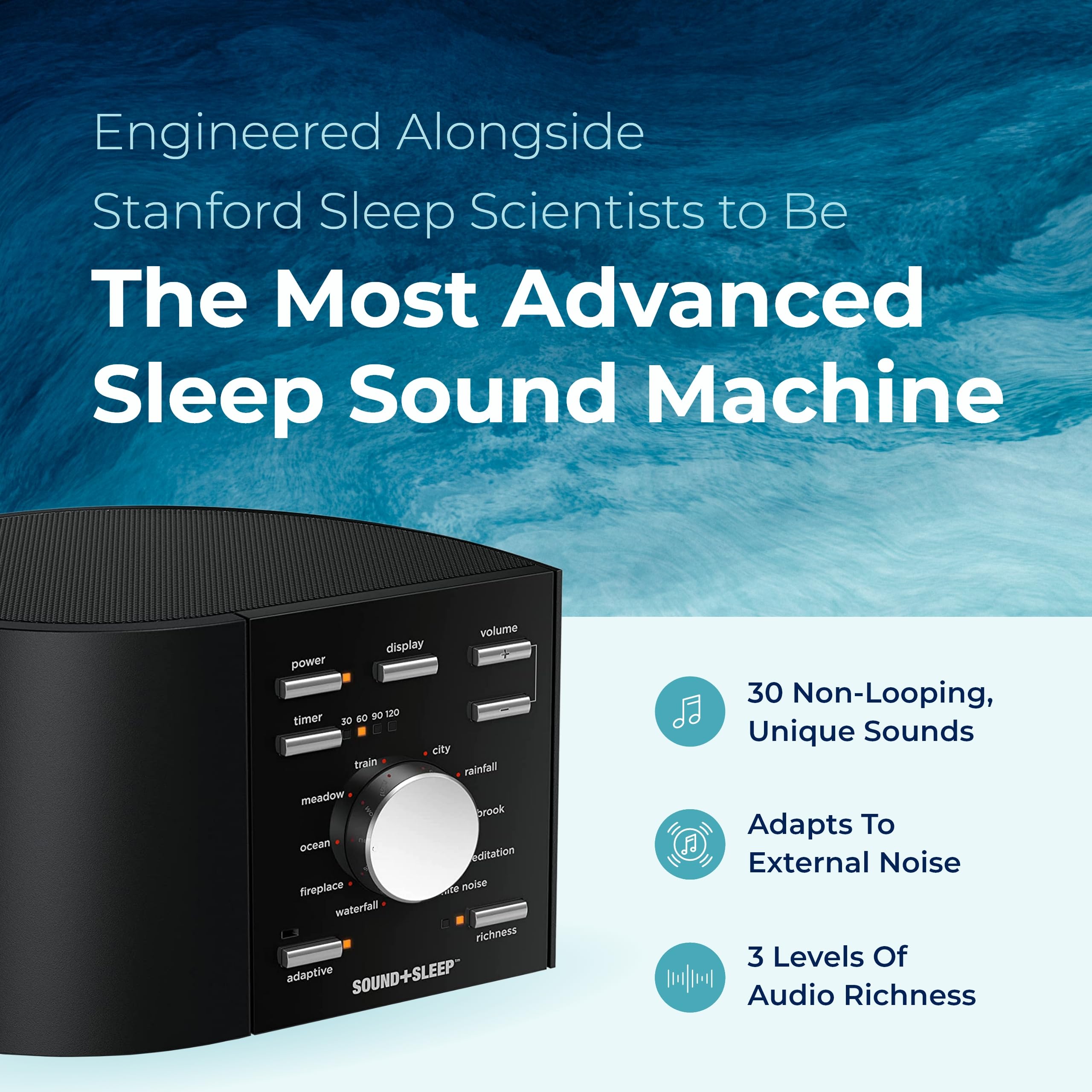 Adaptive Sound Technologies Sound+Sleep Machine - 30 Non-Looping Sounds, 7.5x5.5x4.5", White/Silver, Model ASM1002