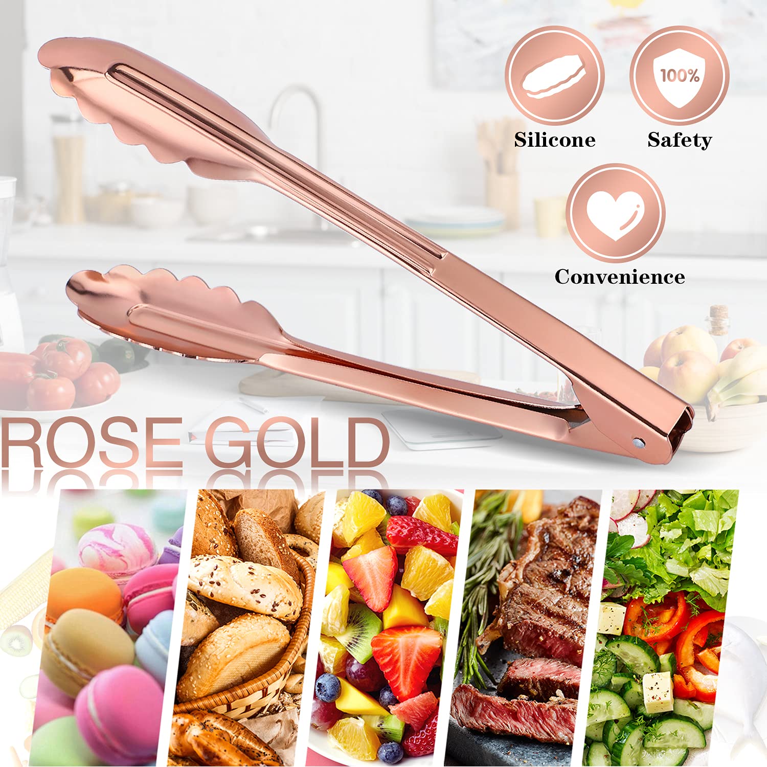 Msy Bigsunny 9 Inch Kitchen Food Tongs For Cooking And Serving Stainless Steel Tongs- Aluminum - Set Of 3 (Pink Gold)