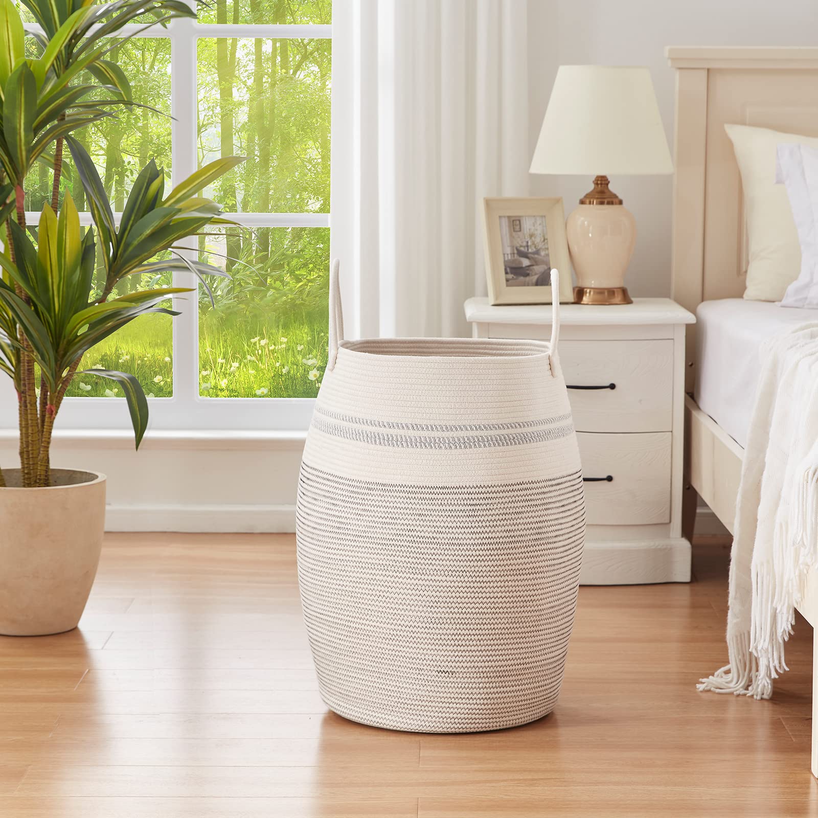 Oiahomy Laundry Hamper Woven Cotton Rope Large Clothes Hamper 25.6 '' Height Tall Laundry Basket With Extended Cotton Handles Fo