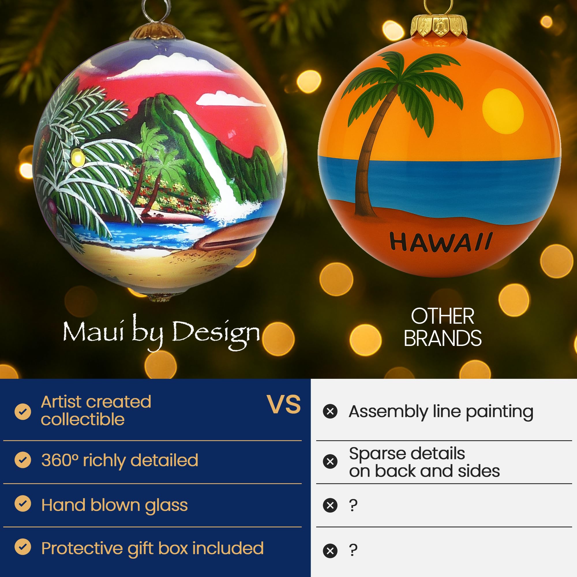 Collectible Hawaiian Santa Christmas Hand-Painted Glass with Gift Box Ornament MK/H