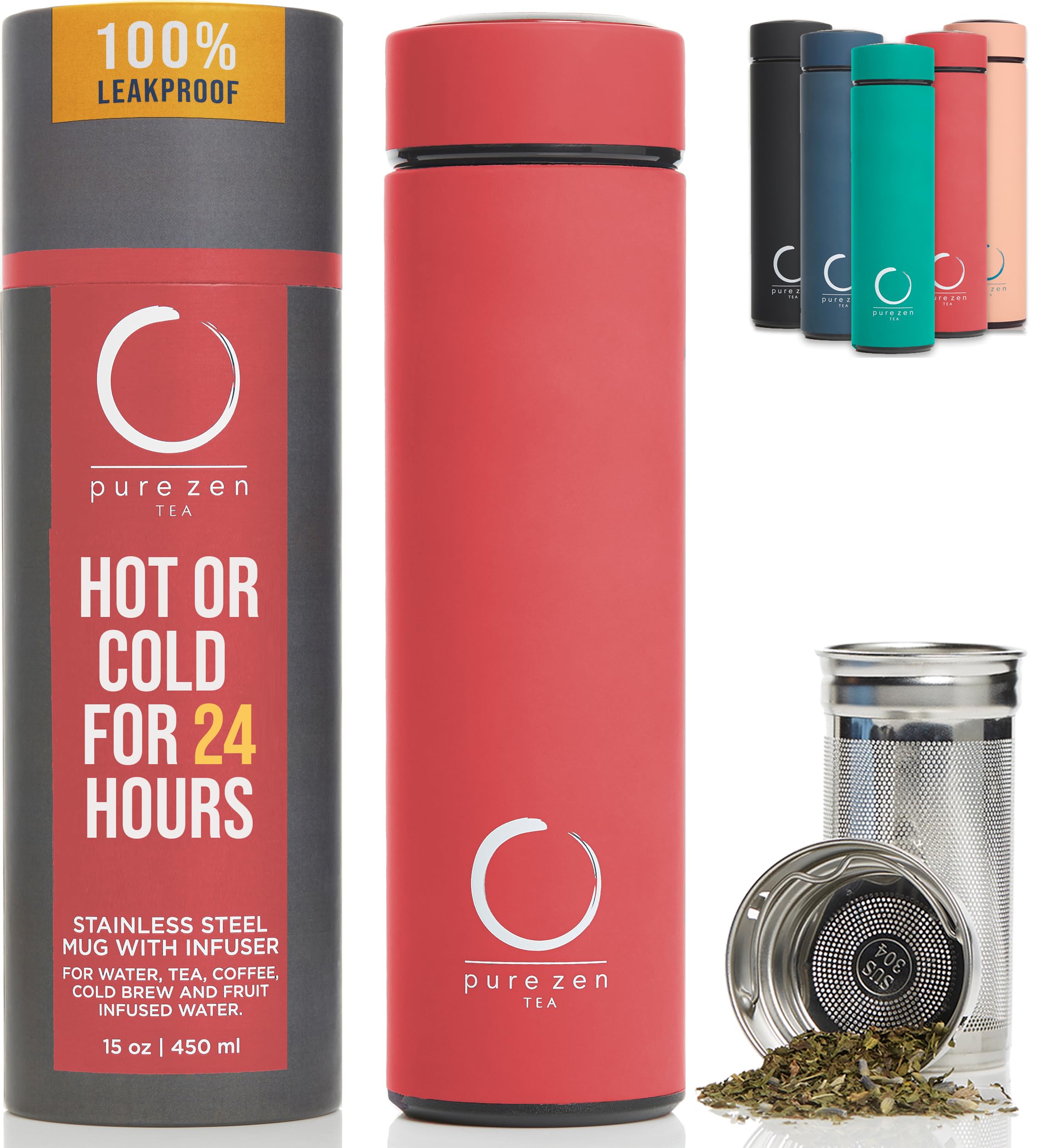 Pure Zen Tea Thermos With Infuser For Tea, Coffee And Fruit-Infused Water - Stainless Steel - Tea Infuser Bottle - Leakproof Tra