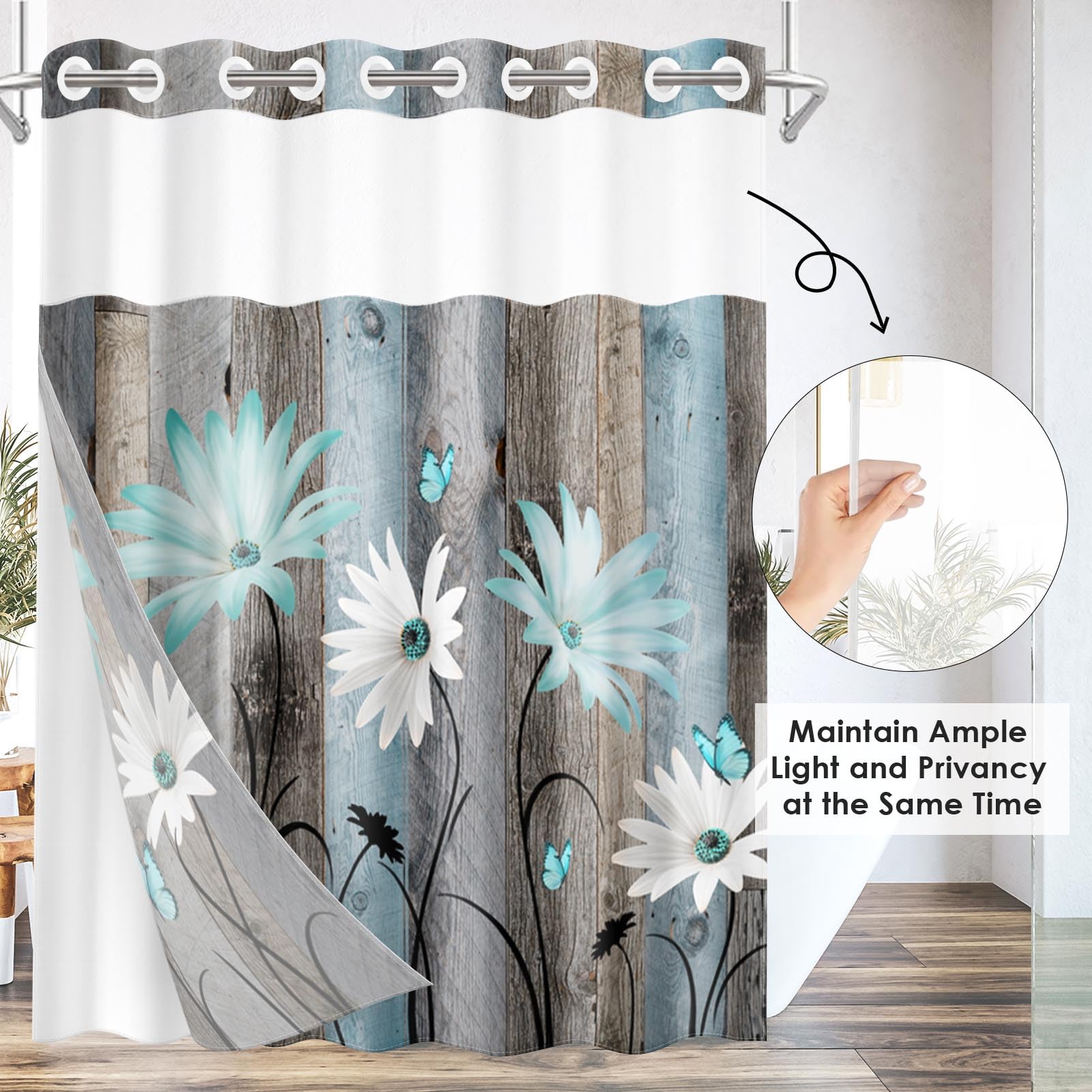 Nesphy No Hook Rustic Farmhouse Shower Curtain With Snap In Fabric Liner Set, Teal Daisy Flowers And Butterfly On Wooden Double