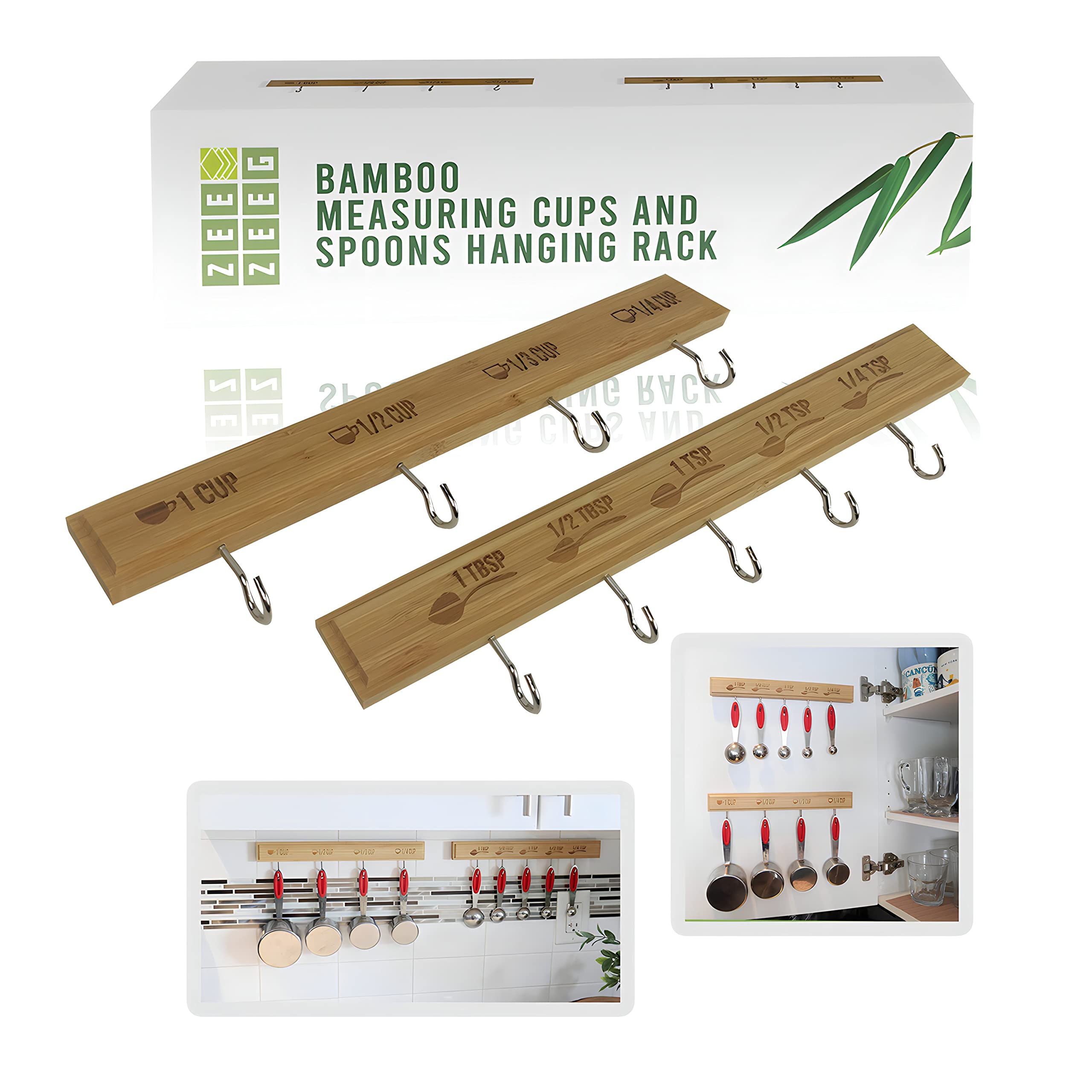 Zeezeeg Premium Bamboo Measuring Cups And Spoons Hanging Rack Set Of 2. With Adhesive For Easy Install. Laser Engraved Labels. L