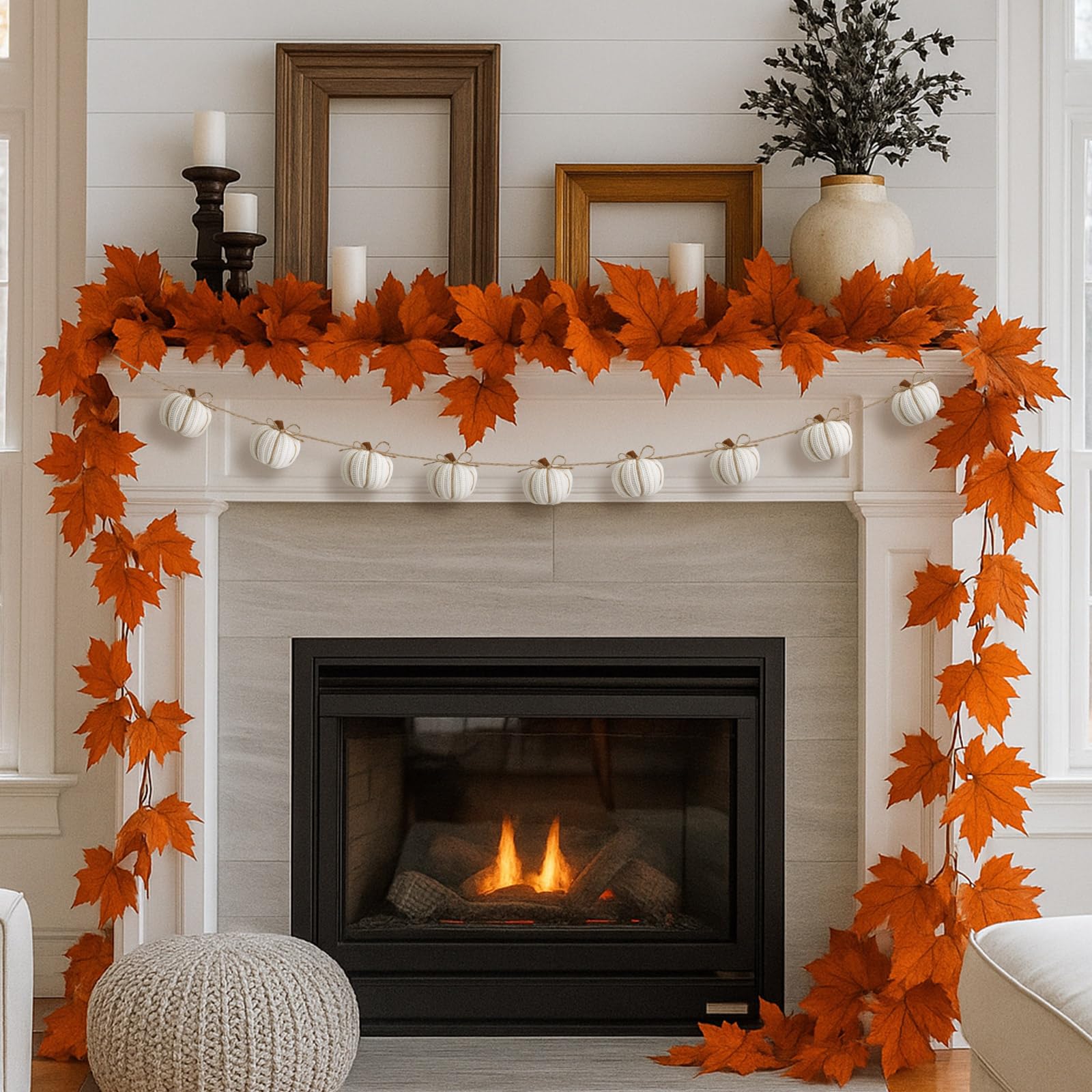 Mindsoft 8.2 ft Fall White Knit Pumpkin Garland Decor Halloween Faux Fall Harvest Crochet Pumpkins Banner Pre Assembled Hanging