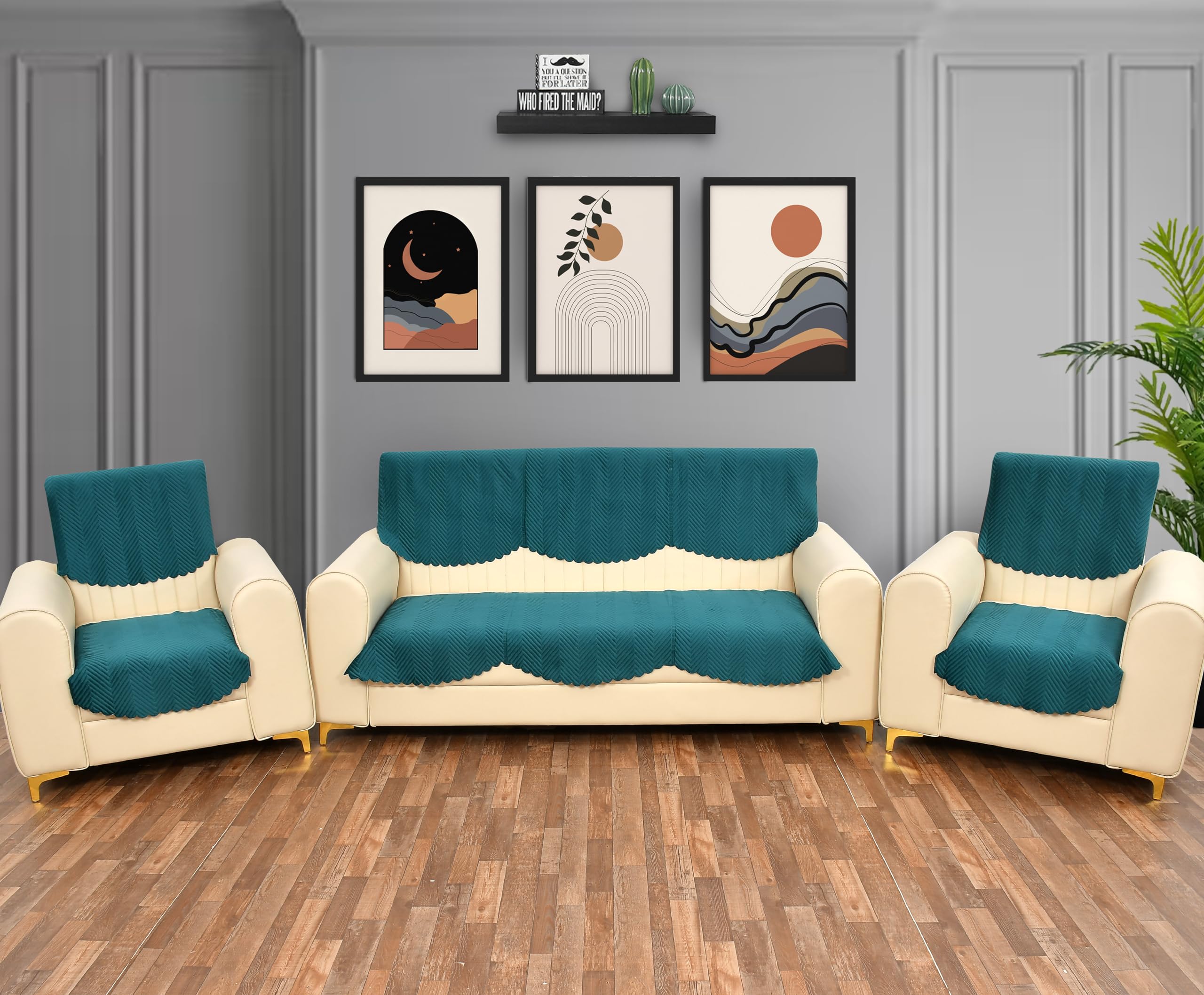 Yellow Weaves Velvet 5 Seater Quilted Sofa Cover And Chair Cover, Seat & Back Cover, Color - Teal Blue