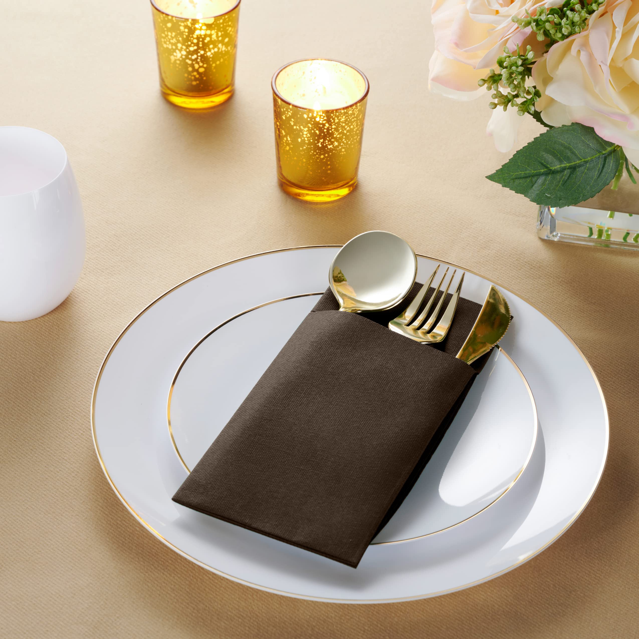 Disposable Linen-Feel Dinner Napkins with Built-in Flatware Pocket  50-Pack BROWN Prefolded Cloth Like Paper Napkins For Dinner  Wedding Or Party [Silverware NOT Included]
