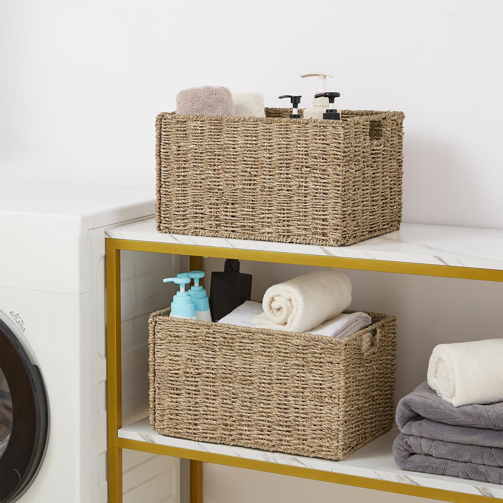 Vagusicc Wicker Basket, Baskets For Organizing, Set Of 2 Woven Seagrass Wicker Storage Basket With Handles, Foldable Large Cube