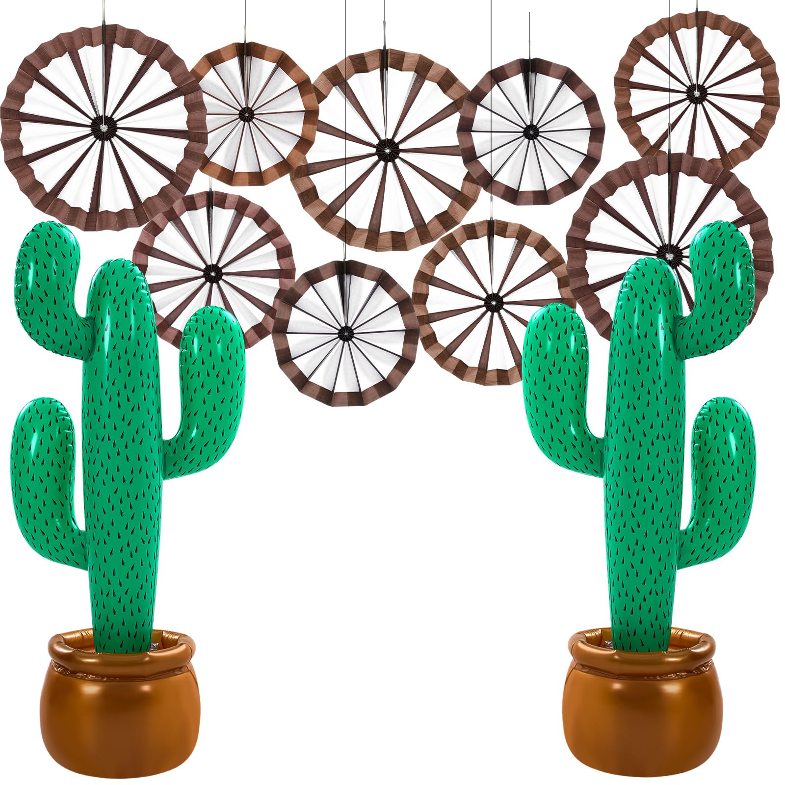 Outus 11 Pcs Western Cowboy Party Decorations Wagon Wheels Paper Fans Inflatable Cactus Prop Wild West Themed Cowboy Ceiling Wal