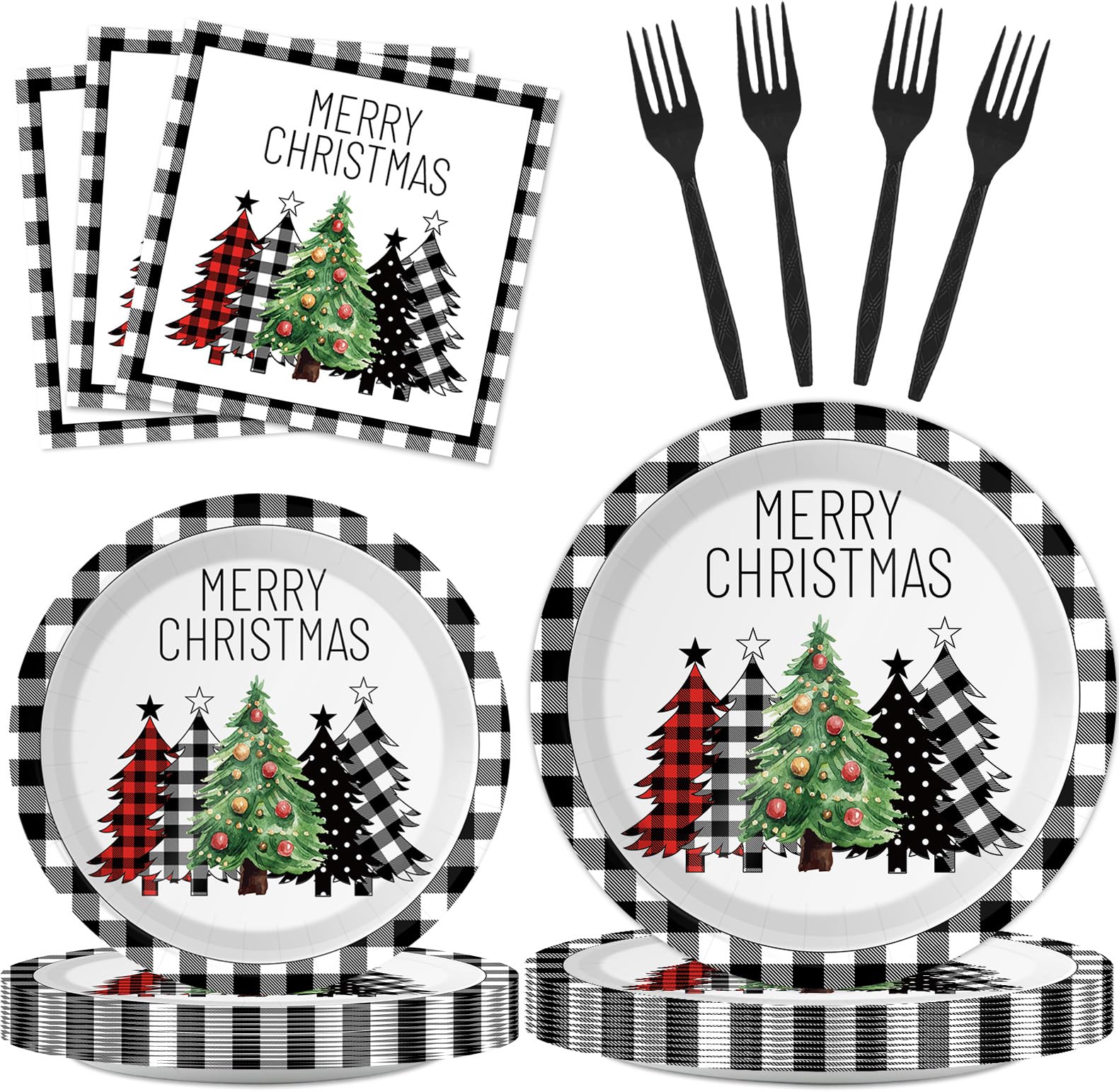 96 Pieces Buffalo Plaid Christmas Tree Tableware Set for Christmas Party Black and White Gingham Buffalo Plaid Decorations Dispo