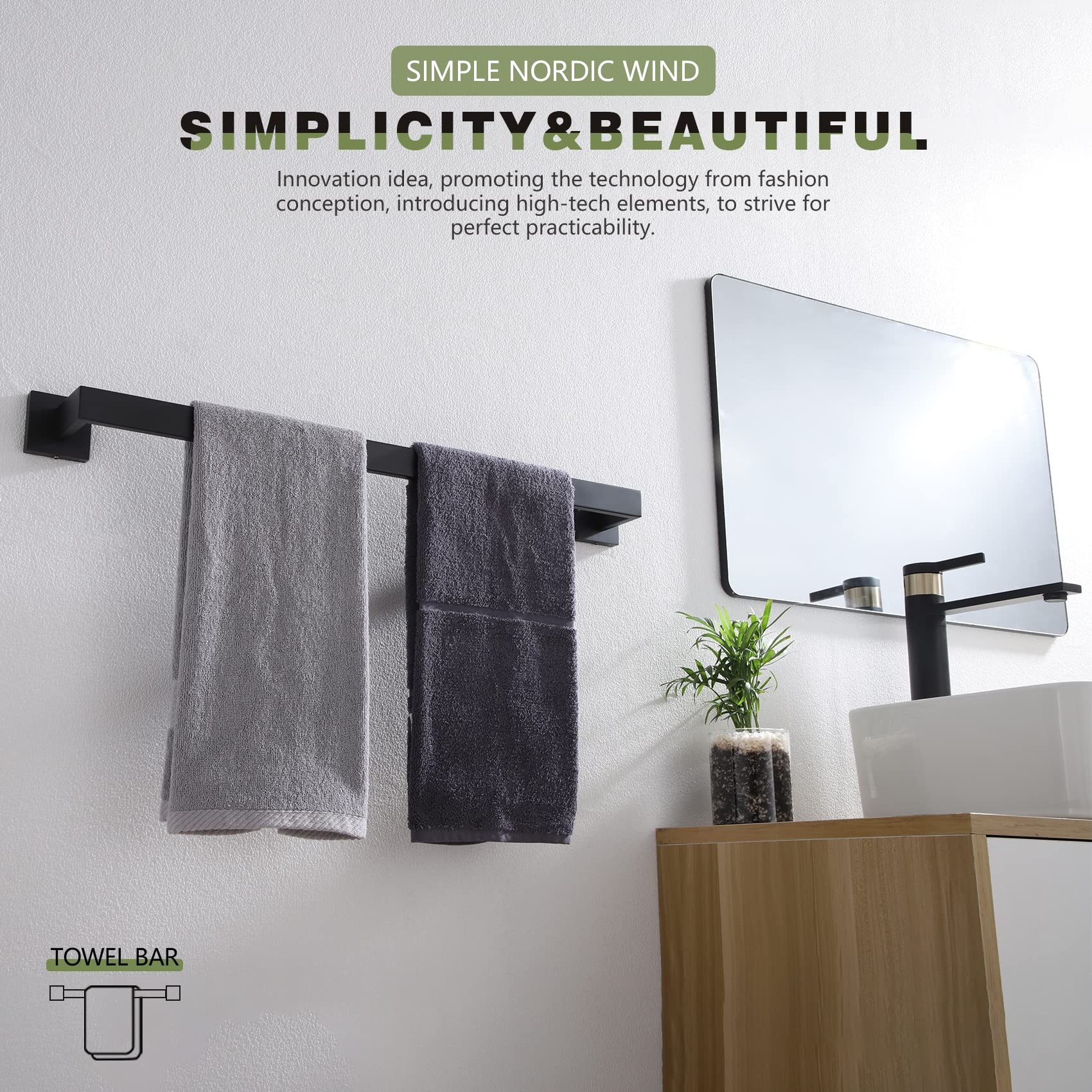 KOKOSIRI 20-Inch Single Towel Bar  Bathroom Kitchen Towel Holder  Wall Mounted SUS304 Stainless Steel Towel Rack  Matte Black  B4003BK-L20