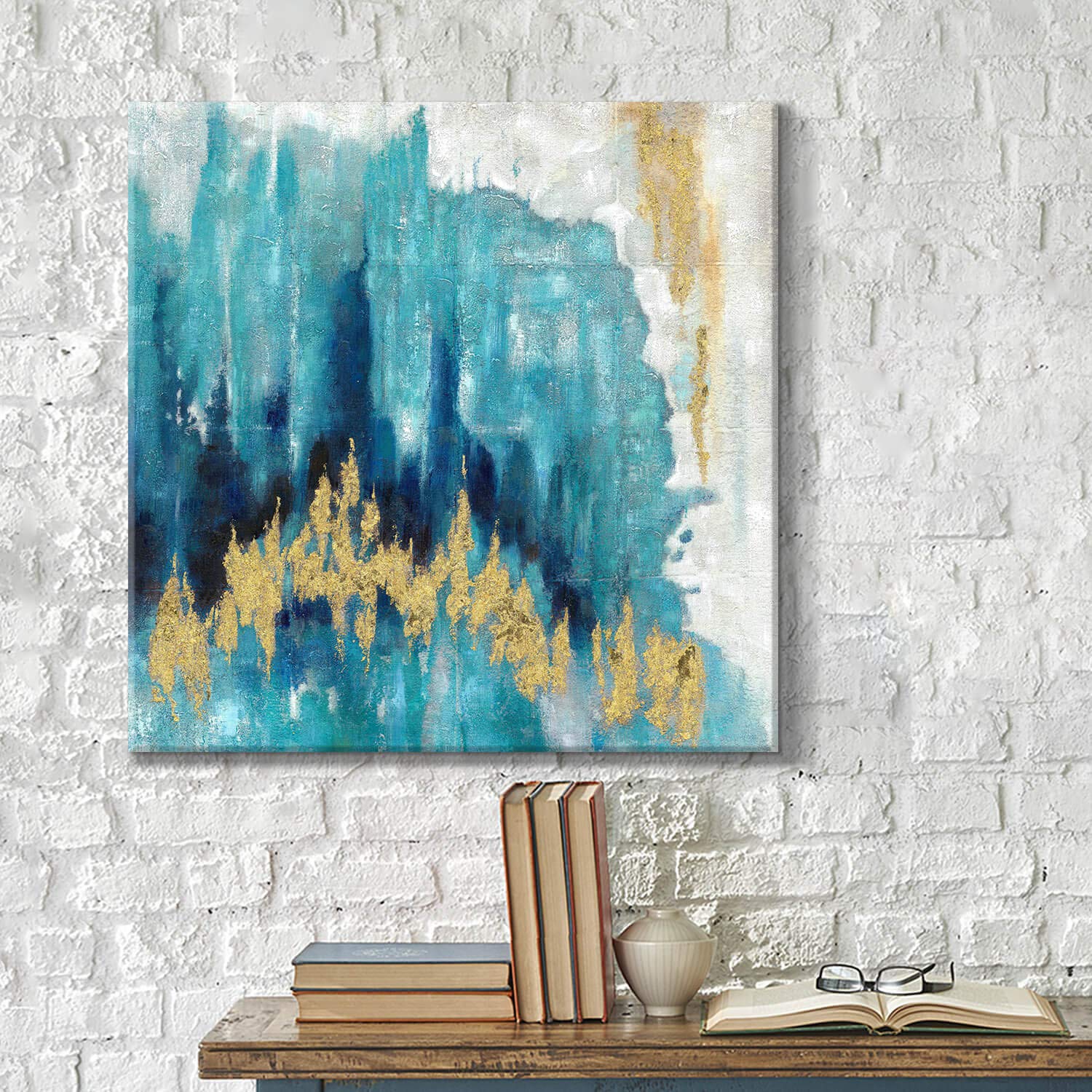 Utop-Art Abstract Picture Artwork Blue Painting: Hand Painted Gold Foils Wall Art On Canvas For Living Room (24'' X 24'' X 1 Pan