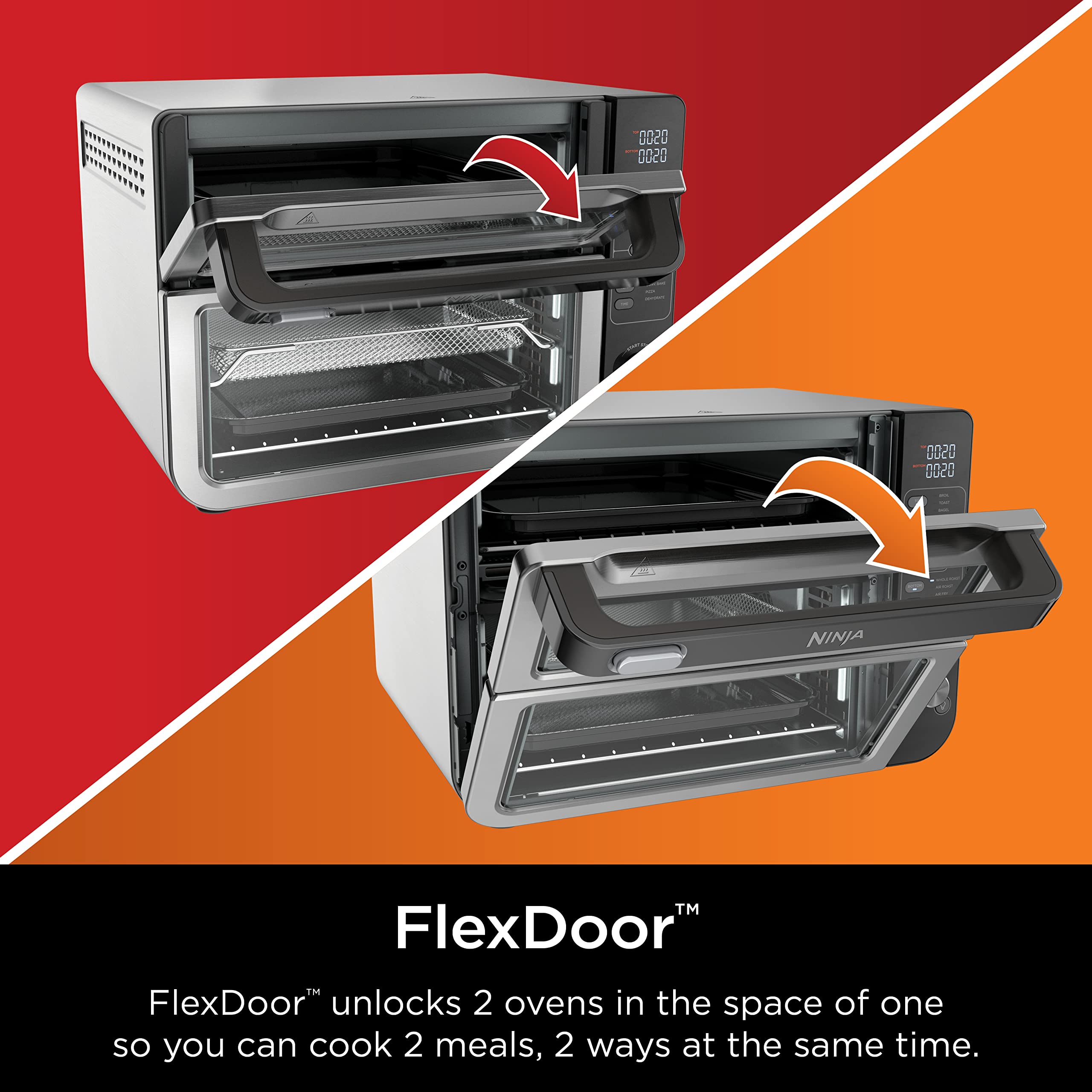 Ninja Dct401 12-In-1 Double Oven With Flexdoor, Flavorseal & Smart Finish, Rapid Top Convection And Air Fry Bottom , Bake, Roast