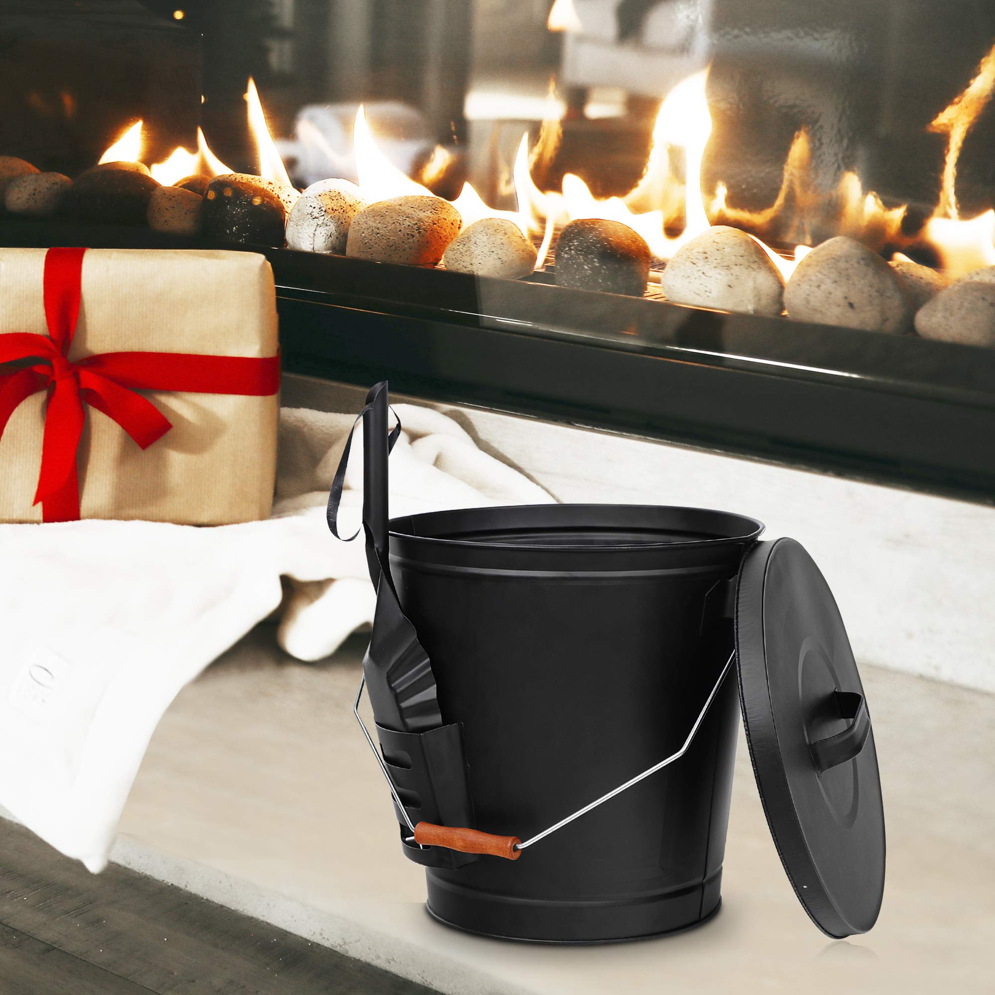 F2C 5.15 Gallon Large Ash Bucket With Lid And Shovel Galvanized Metal Coal And Hot Ash Pail For Fireplace, Fire Pits, Wood Burni