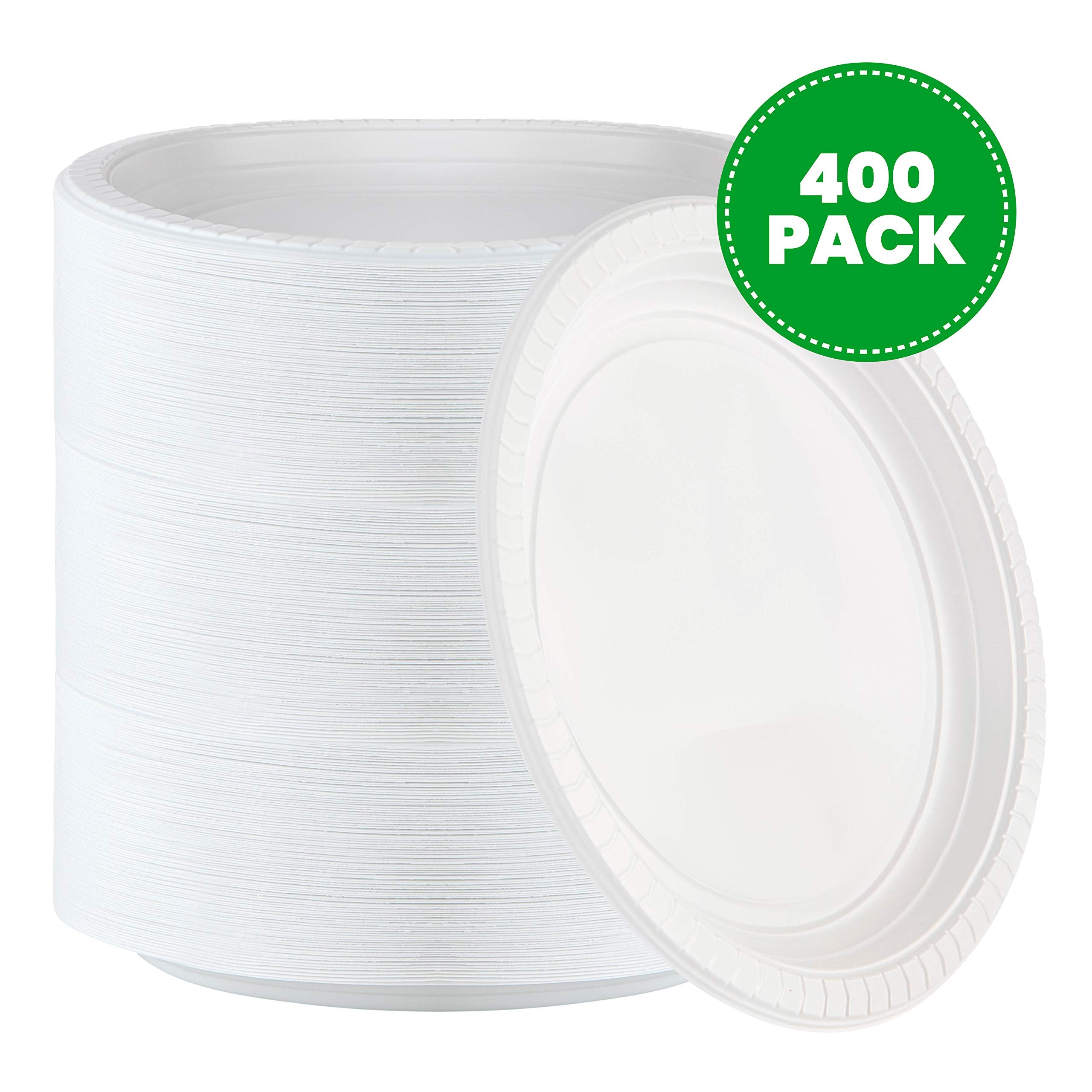 Plasticpro 9 Inch Round Plastic Plates Microwaveable, Disposable, White, Dinnerware 400 Count