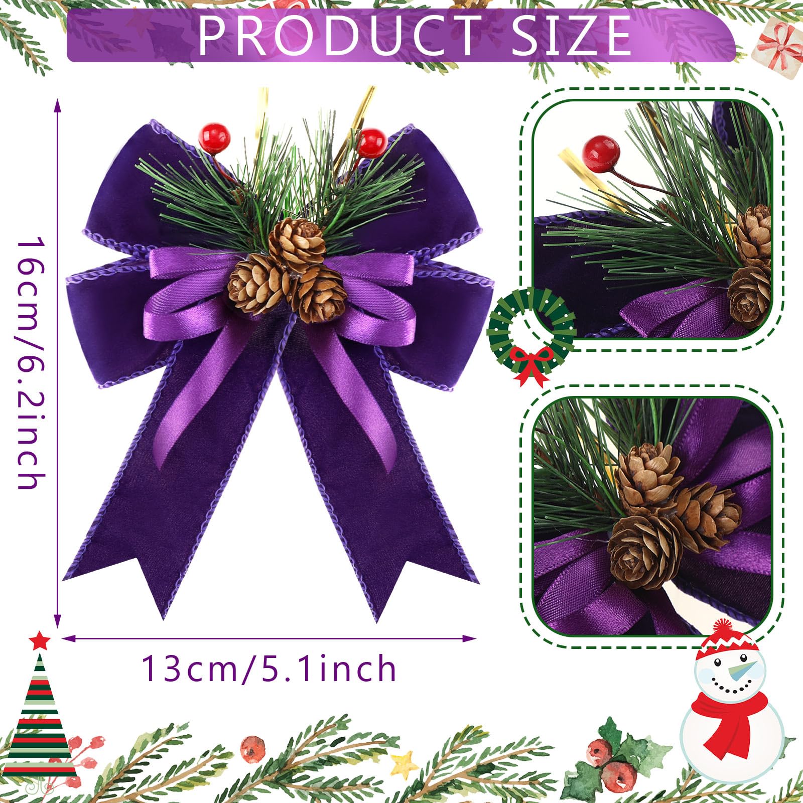 Syhood 6 Pcs Christmas Bows with Pine Cones Pine Needles Xmas Velvet Bows Purple Velvet Ribbon Christmas Tree Wreath Decoration