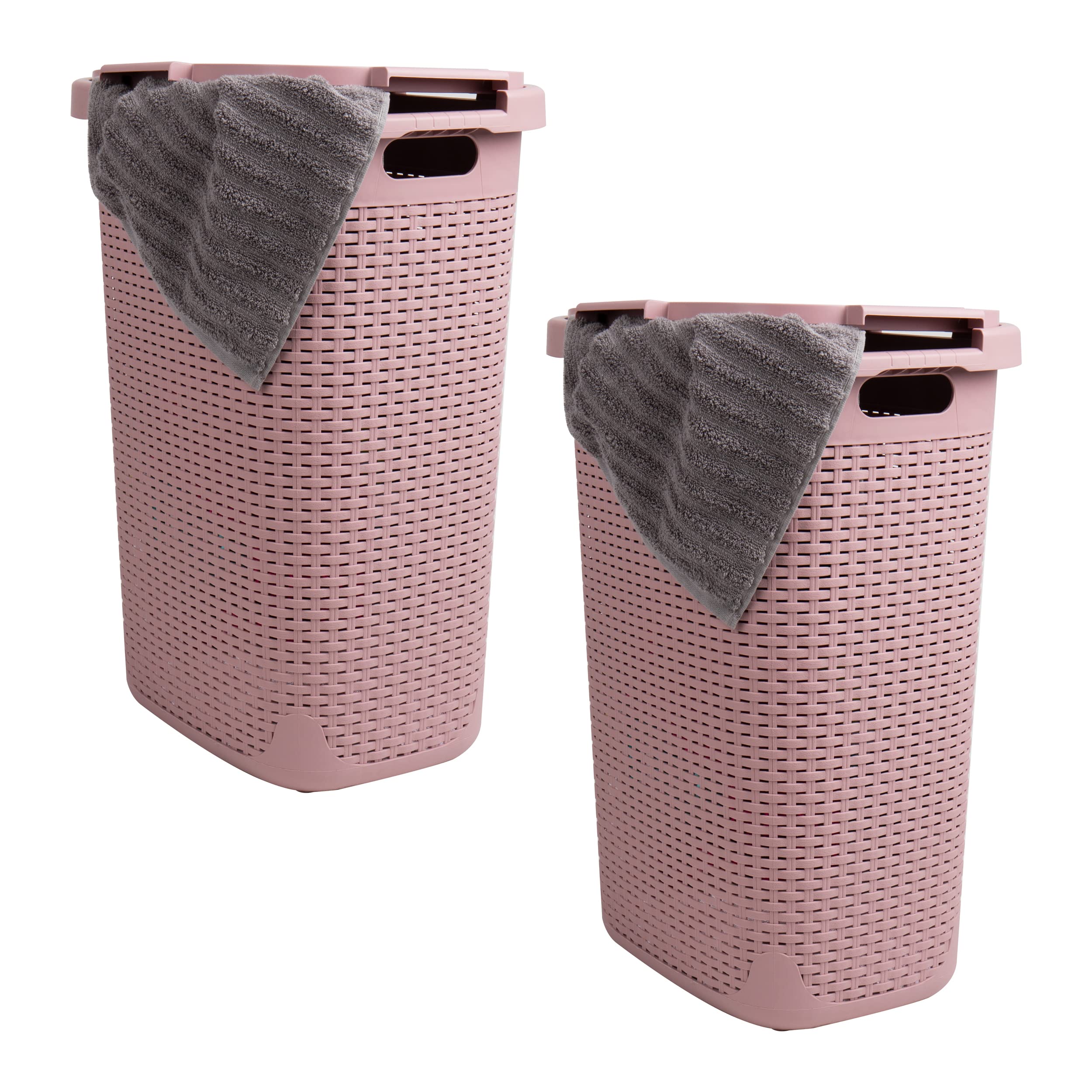 Mind Reader 60L Slim Laundry Hamper, Clothes Basket, Lid, Wicker Style, Plastic, 17.65''L X 13.75''W X 24.15''H, Set Of 2, Pink