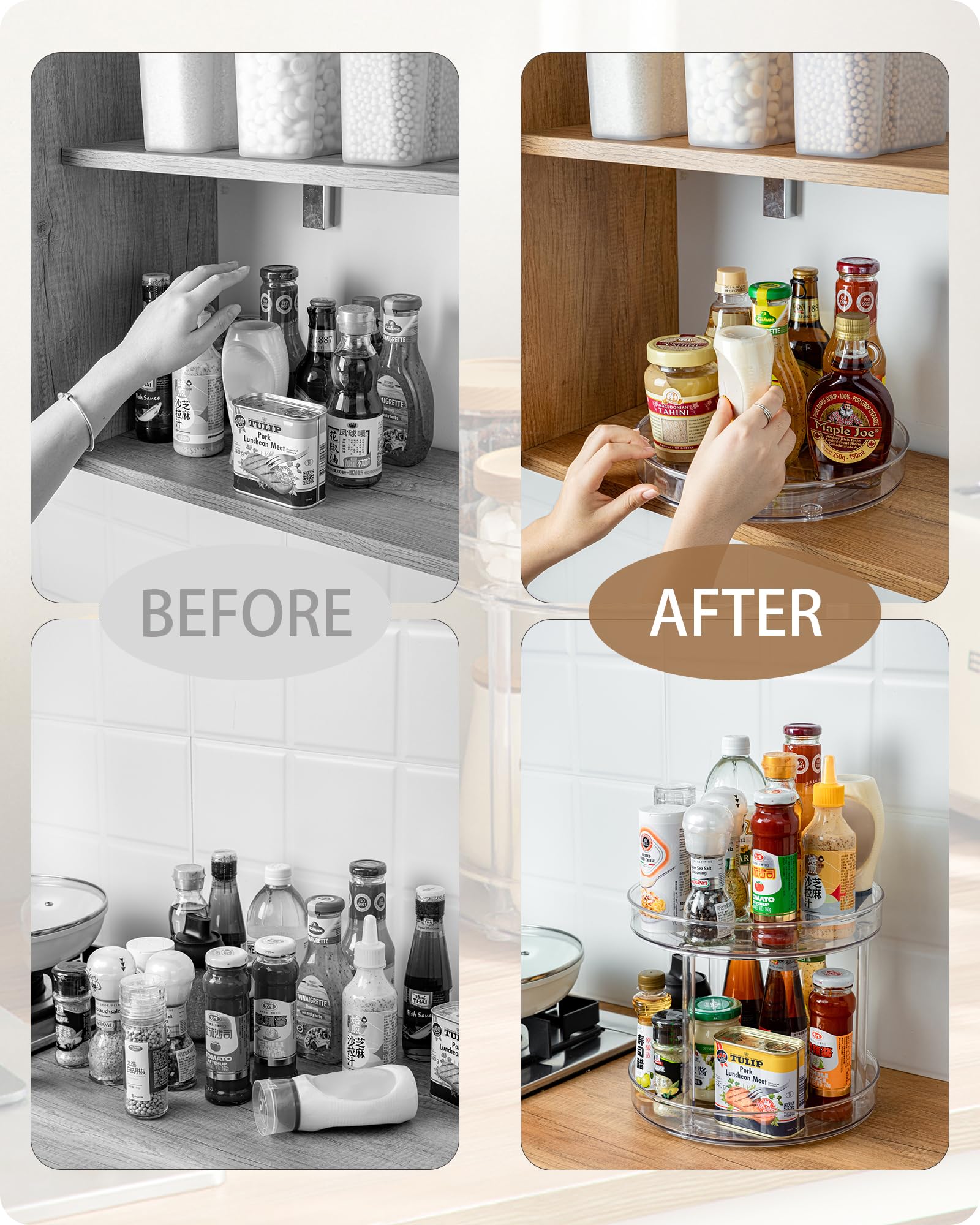 Roninkier 2-Tier Clear Lazy-Susan Turntable - 9-Inch Pantry Spice-Rack Cabinet-Organizer - Plastic Lazy Susan Makeup Organizer F
