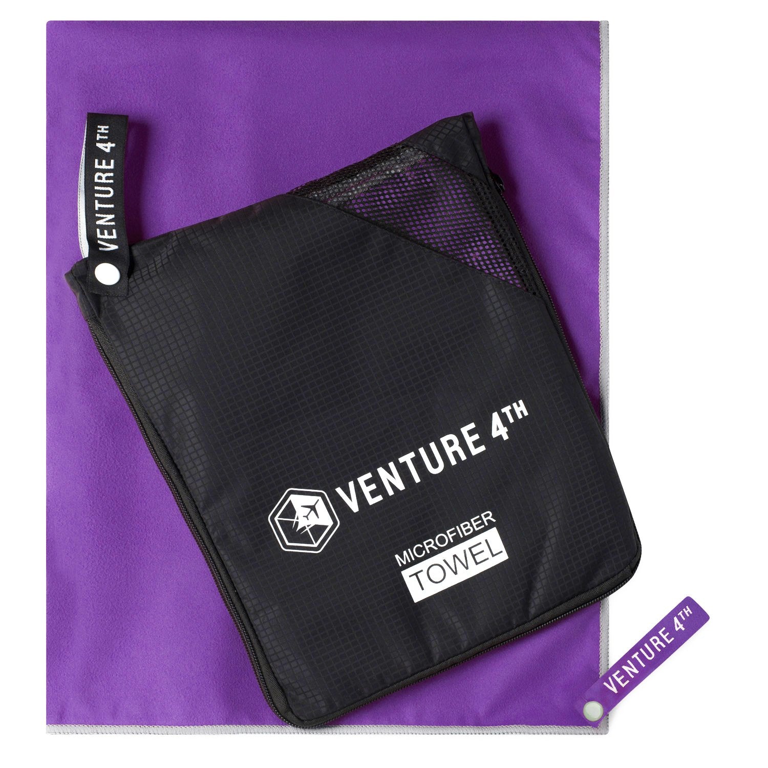 VENTURE 4TH Quick Dry Microfiber Towel - Odor Resistant  High Performance Towels for Gym  Camping  Travel  Yoga and Beach (Purple-Gray Large) - Includes Tear Resistant Bag