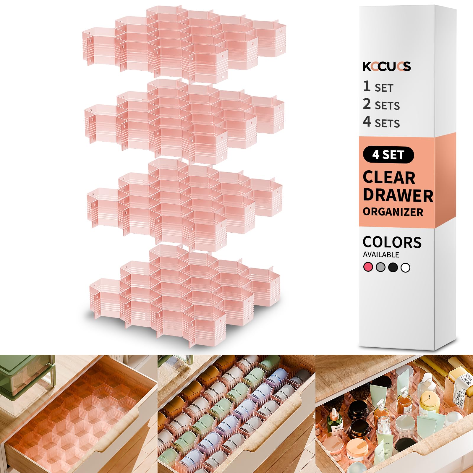 Kocuos Honeycomb Separator Adjustable Drawer Organizer Divider for Underwear Belt-Scarf Socks Organizer (Pink(4pcs))