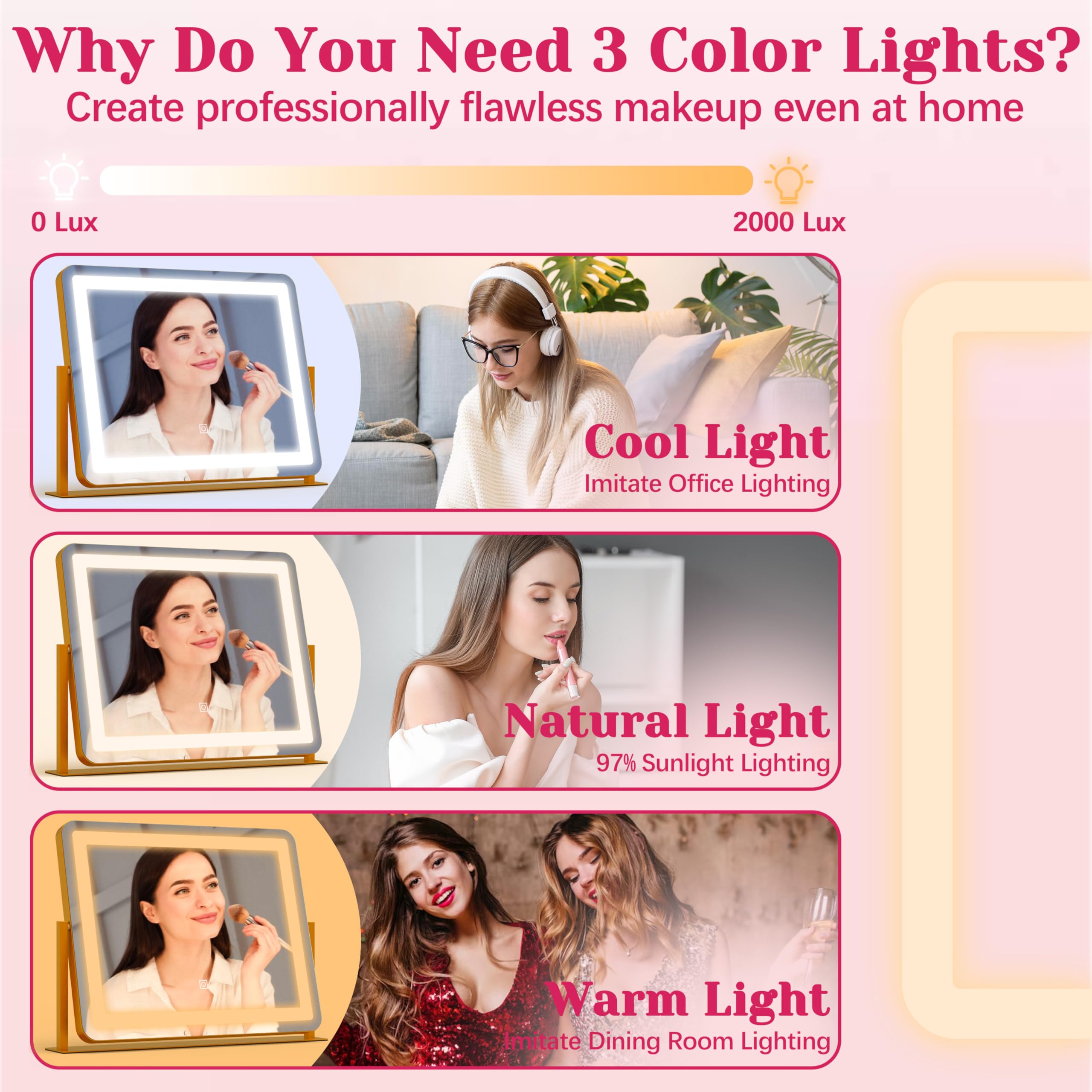 Hnv Gold Vanity Makeup Mirror With Lights, 22X17 Large Lighted Vanity Mirror, Dimmable Led With 3 Color Touch Lighting, Tabletop