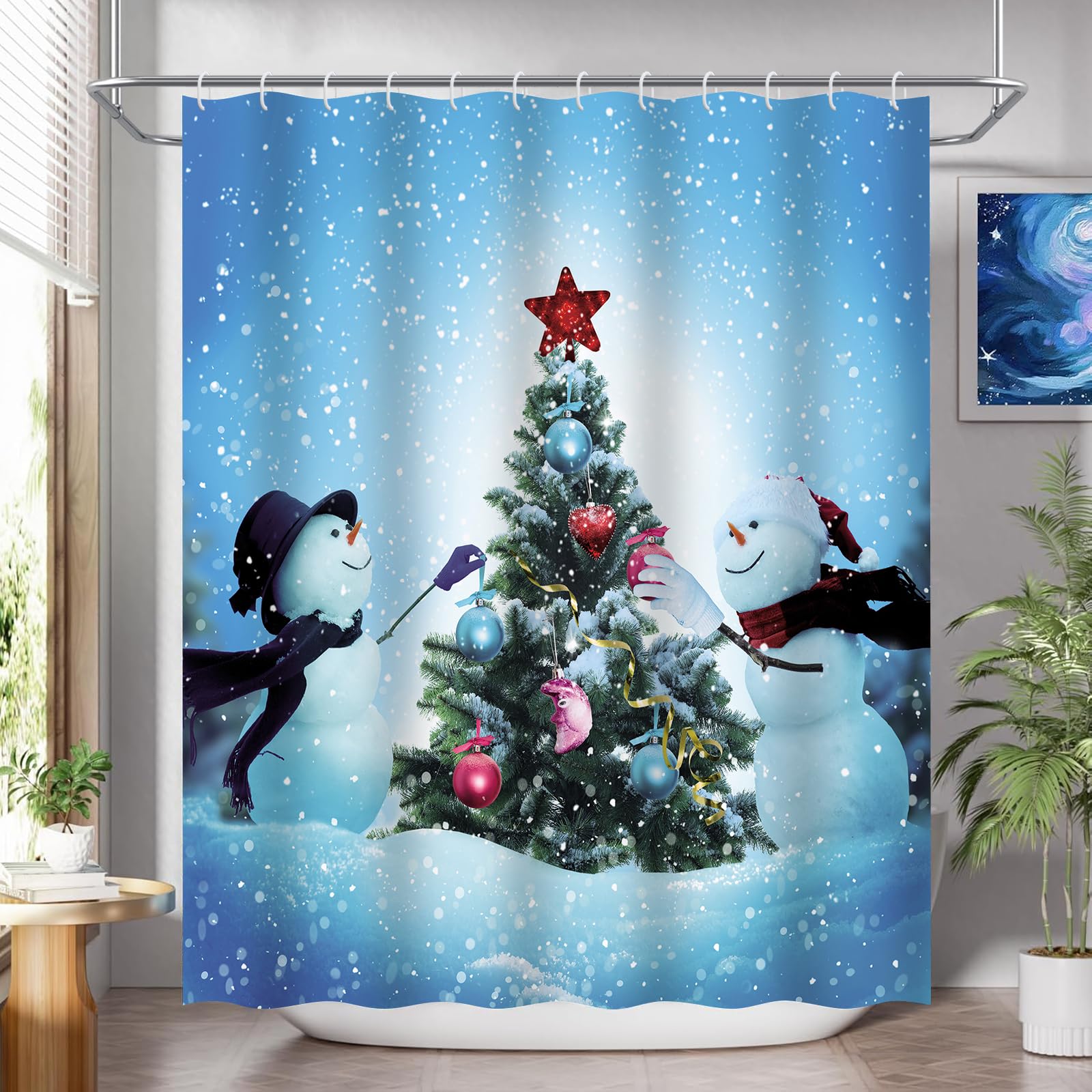 Onalasyc 4-Piece Christmas Shower Curtain Set,Winter Xmas Tree Interesting Snowman Christmas Shower Curtain Set with Rugs,Waterp