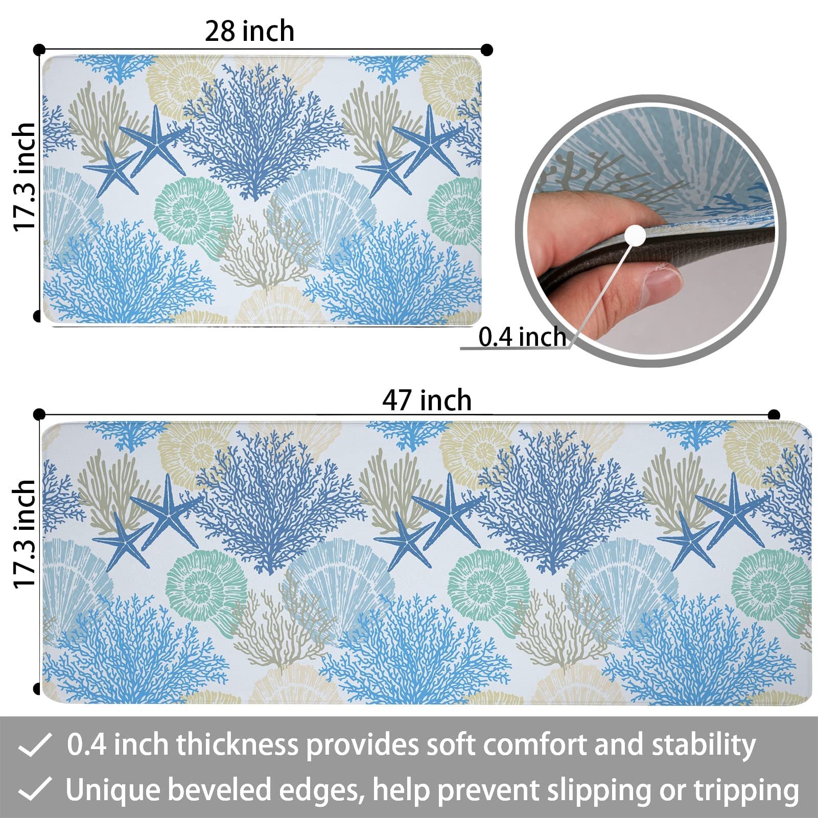 Tritard Coastal Beach Theme Kitchen Mats Rugs Set of 2 Anti Fatigue Kitchen Mats for Floor Memory Foam Cushioned Waterproof Non Slip Comfort Standing Mat for Sink Laundry  Blue  17.3''x 28''+17.3''x 47''