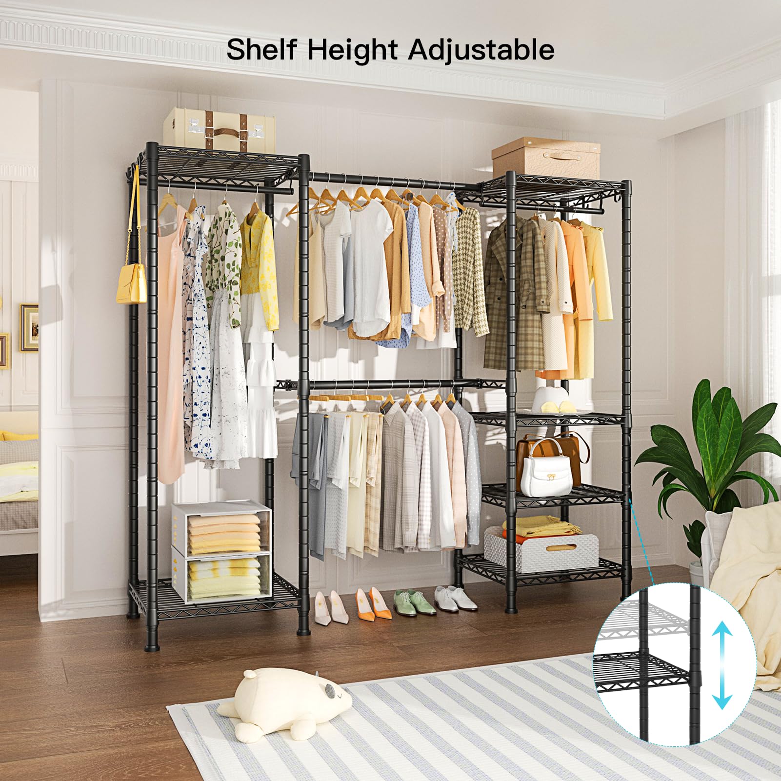 Ulif E7 Garment Rack, Heavy Duty Clothes Storage System With Extendable Hangers Rods, Metal Clothe Rack With 6 Wire Shelves, (52
