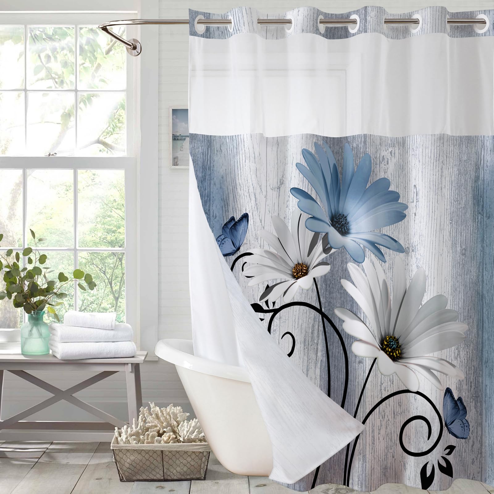 Muuyi Purple Watercolor Floral Shower Curtain,No Hook Shower Curtain,Polyester Shower Curtains With Snap In Fabric,Sheer Top Win