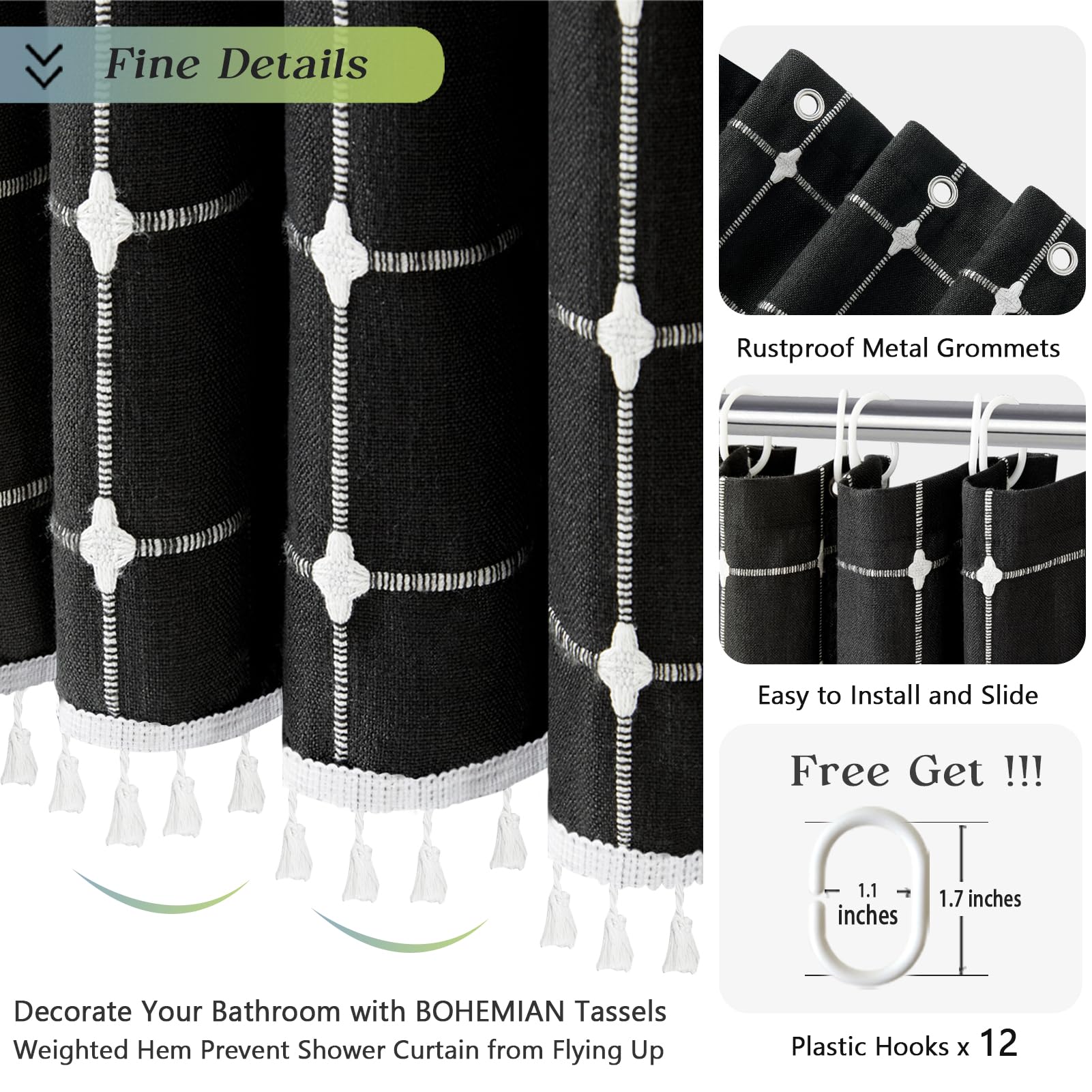 Yuanice Boho Shower Curtain Black Fabric 60 Inch Stall, Linen Heavy Duty Cloth Thick Cotton Shower Curtain Set With Tassels, Mod