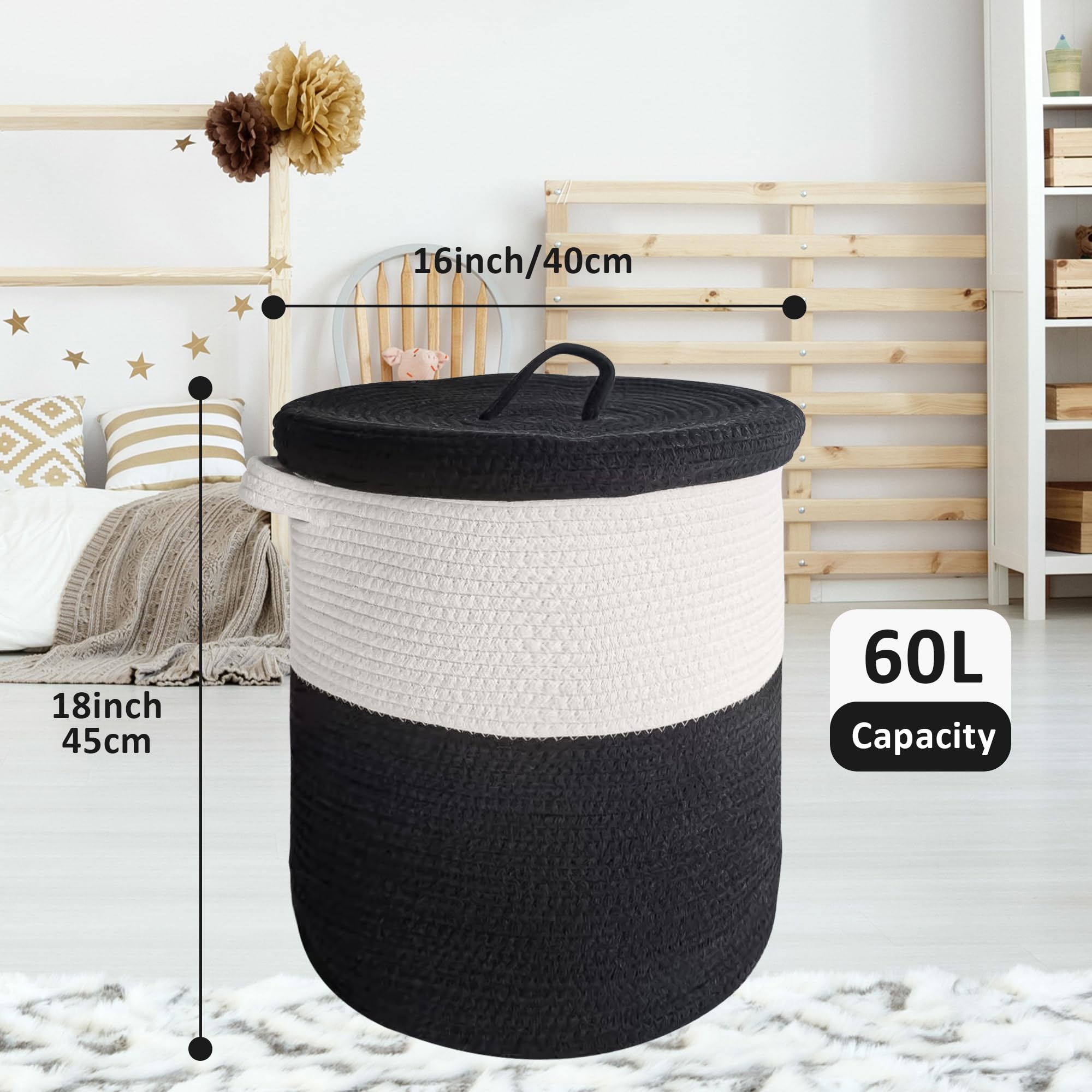 Extra Large Storage Basket With Lid 60L, 16''Wx18''H Woven Laundry Basket With Lid Cotton Laundry Basket, Wicker Basket Blankets
