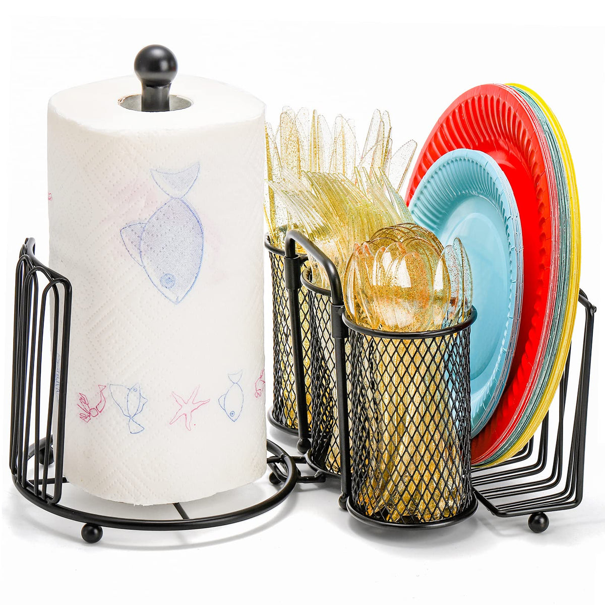 Elsjoy Metal Utensil Caddy With Paper Towel Holder, Picnic Caddy Silverware Organizer, Flatware Caddy Buffet Storage Caddy For P