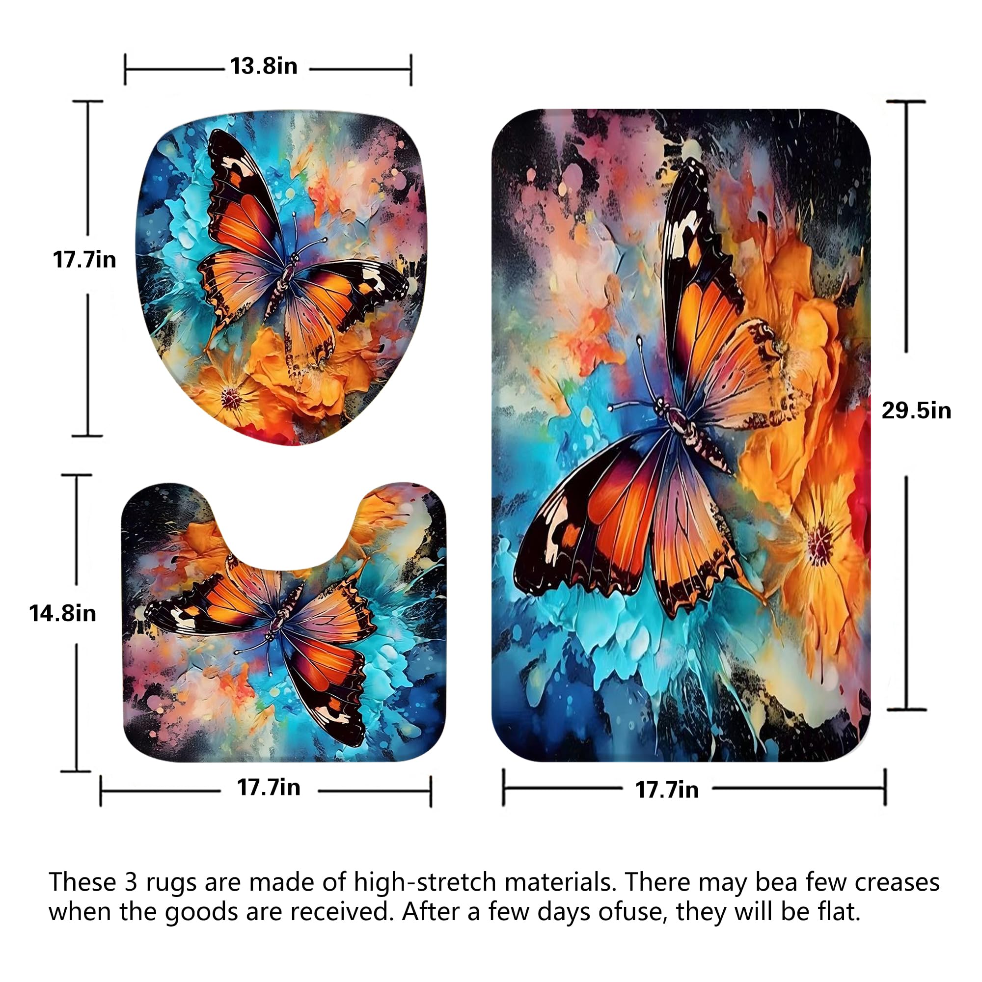 Pretyw 4 Pcs Flower Butterfly Shower Curtain Set With Non-Slip Rug, Toilet Lid Cover And Mat, Colorful Butterfly Shower Curtain