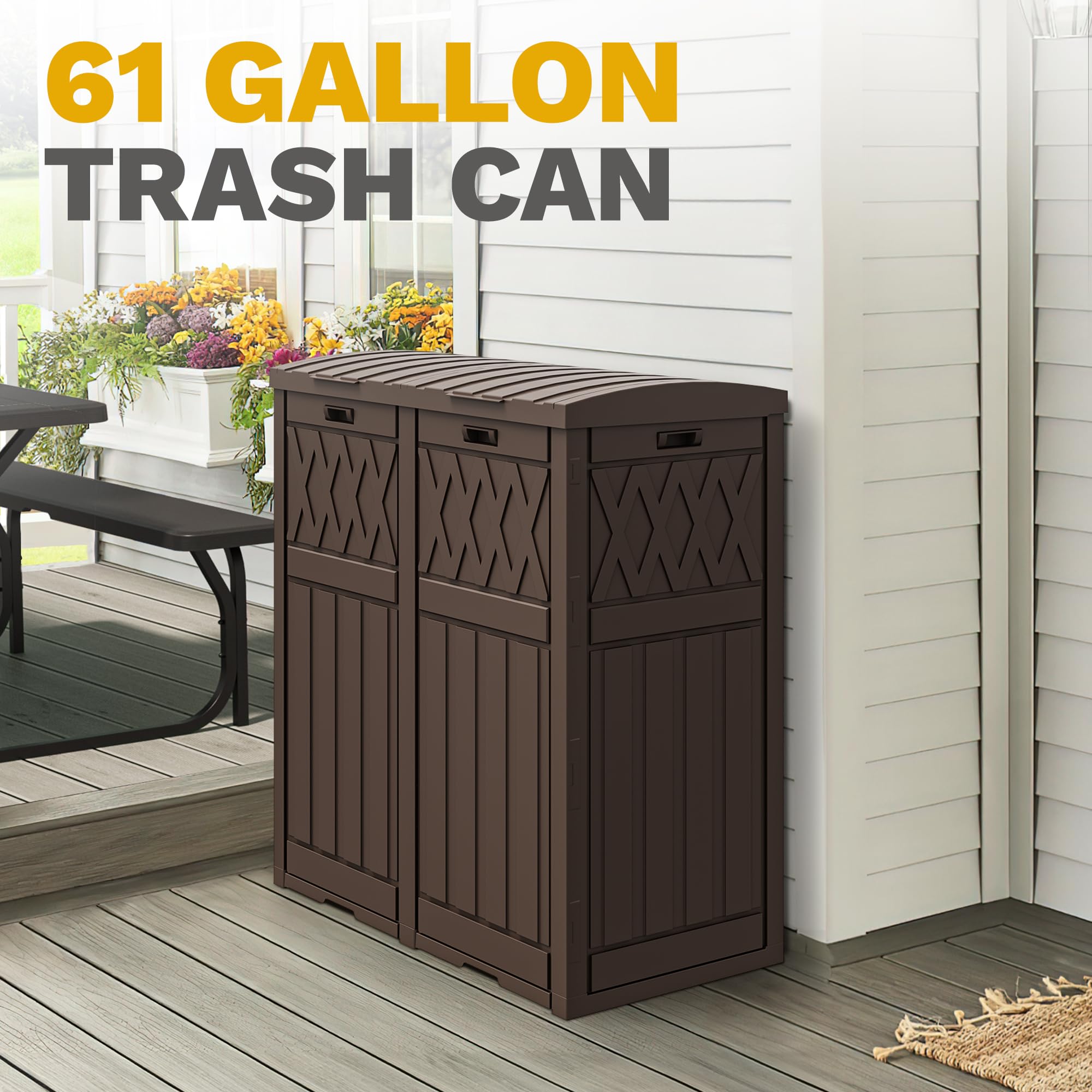 Dwvo 66 Gallon Double-Bin Outdoor Trash Can, Waterproof Resin Garbage Can With Tiered Lid And Drip Tray For Patio, Kitchen, Deck