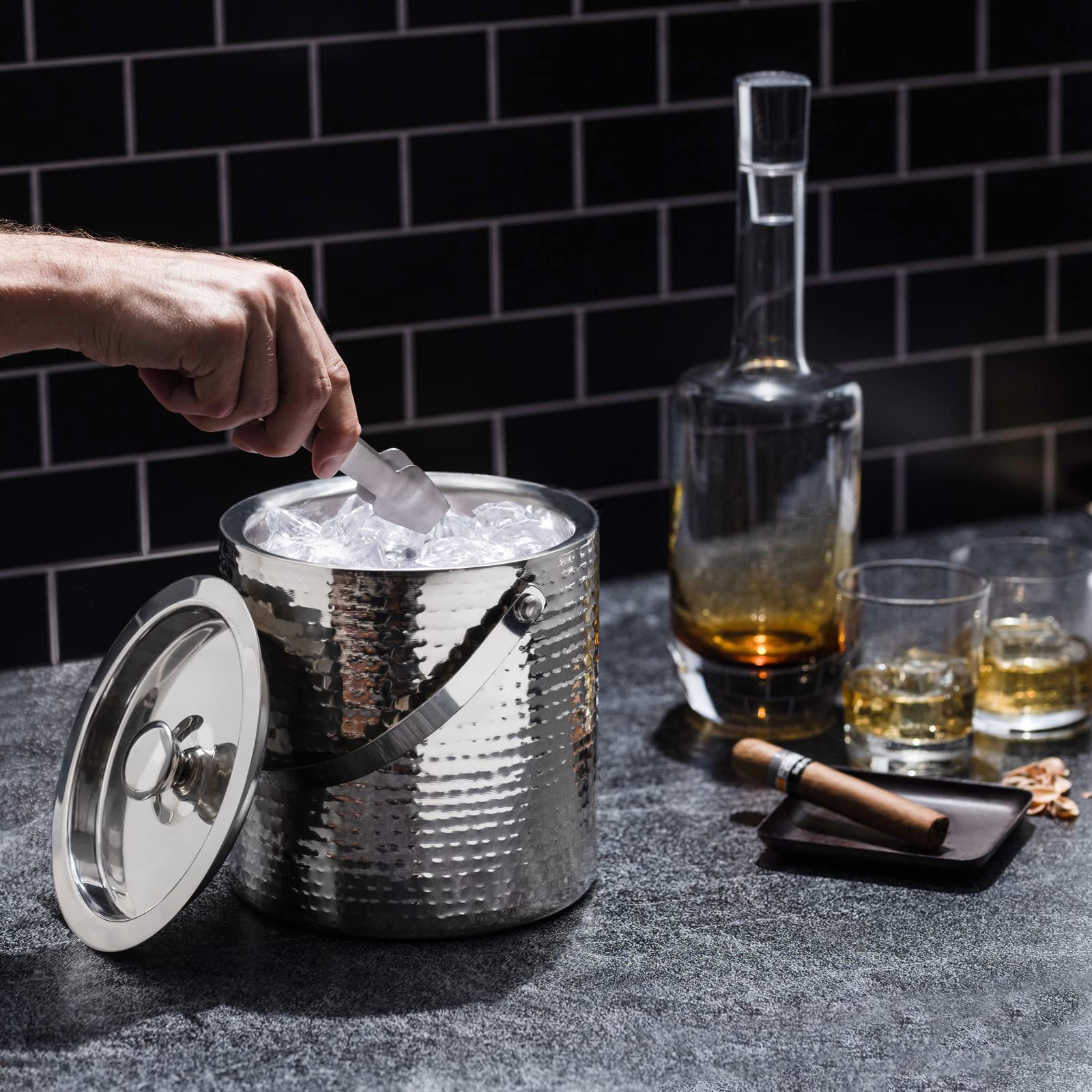 Hammered Ice Bucket - Ice Bucket With Tongs - Insulated Ice Bucket With Lid - Double Wall Ice Bucket 3 Quarts - By Colleta Home