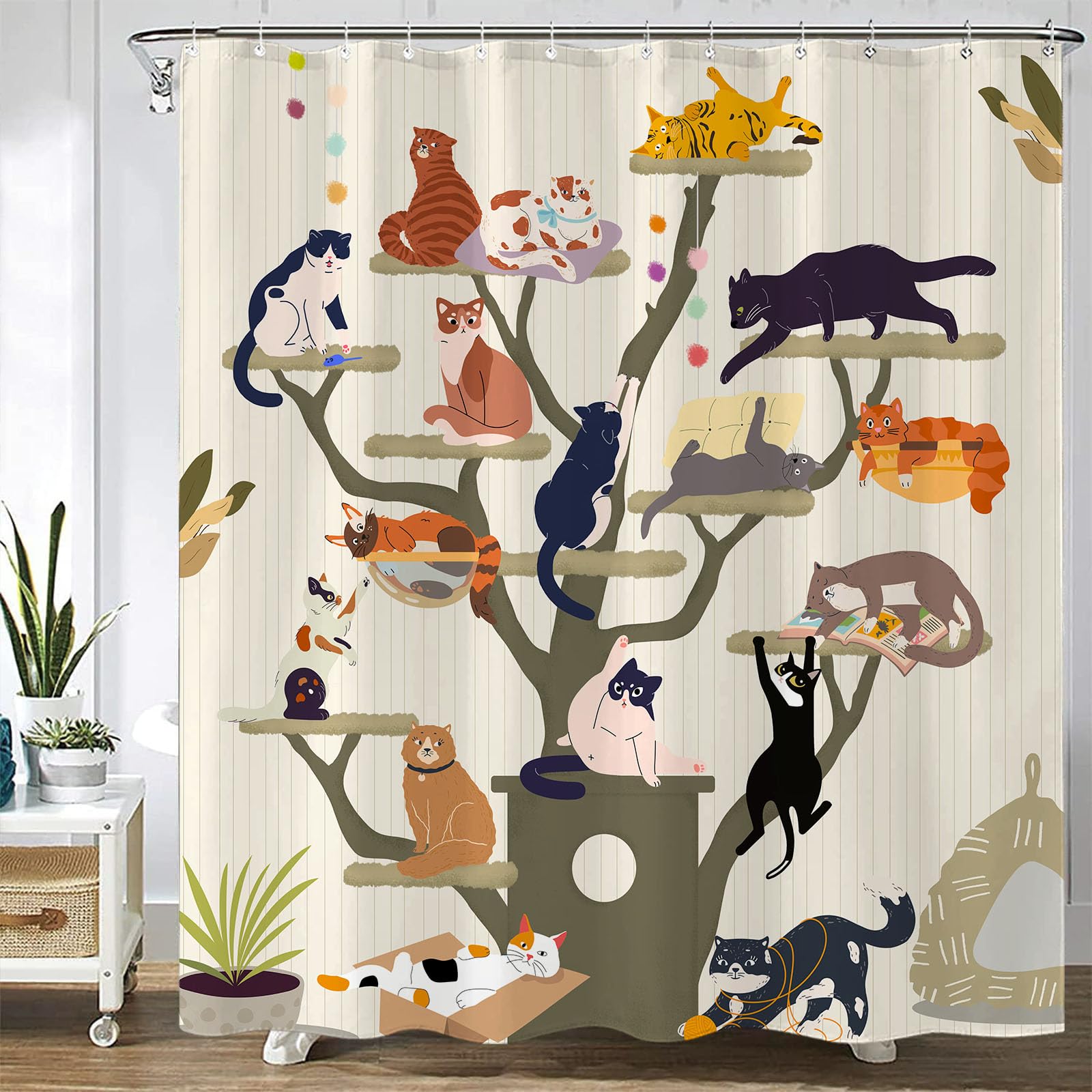 Cute Cat Shower Curtain Funny Black Cats Boho Floral Vintage Flower Sunflower Shower Curtains For Bathroom Fun Kitten Animal Wil