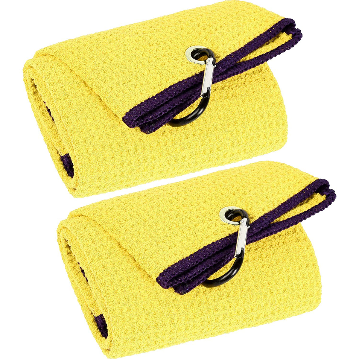 Vividly 2 Pack Tri-Fold Golf Towels, Premium Microfiber Fabric Waffle Pattern With Black Heavy Duty Carabiner Clip, Yellow Golf