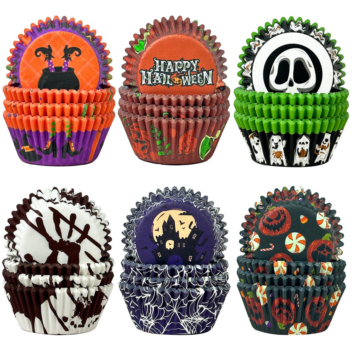 Qiqee Halloween 300-Count Cupcake Liners Standard Cupcake Cups 6 Design Cupcake Papers Baking Cups Cupcake Wrappers For Hallowee