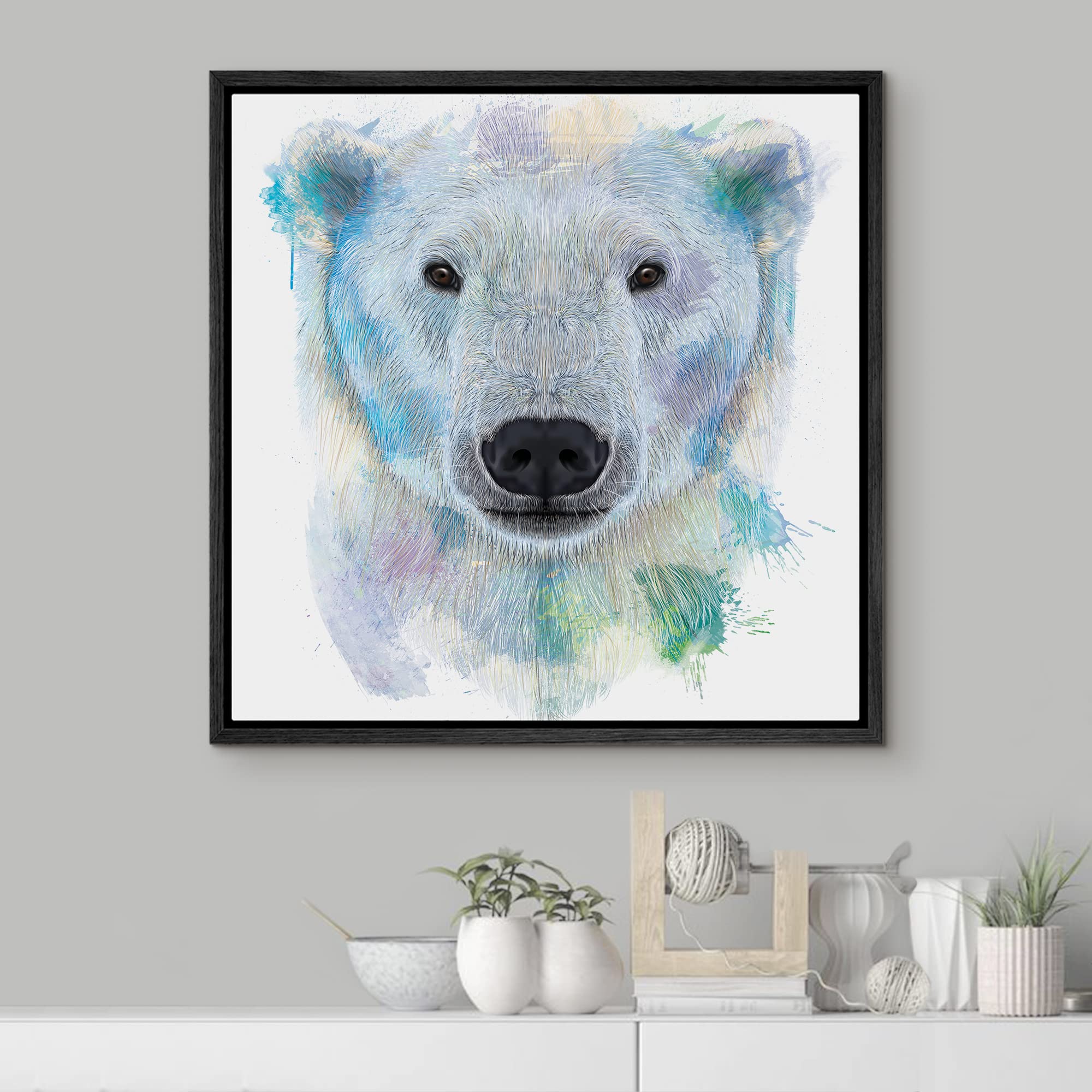 Wall26 - Fun And Colorful Splattered Watercolor Polar Bear - Framed Canvas Art Home Art - 24''X24'' Black