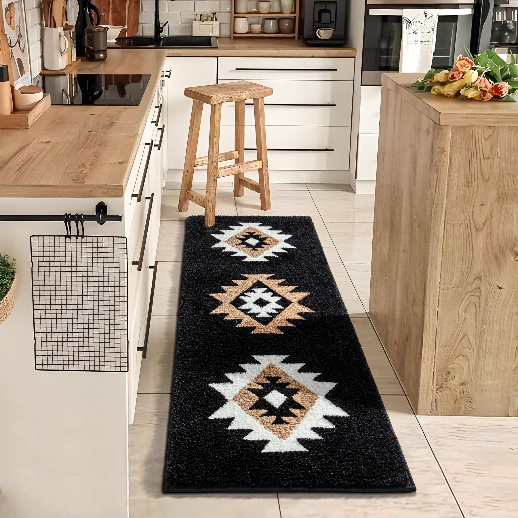 Dexde Boho Bathroom Rugs Black Aztec Bath Mat Non Slip Long Bathroom Rug Runner Luxury Soft Absorbent Carpet For Bathroom Shower