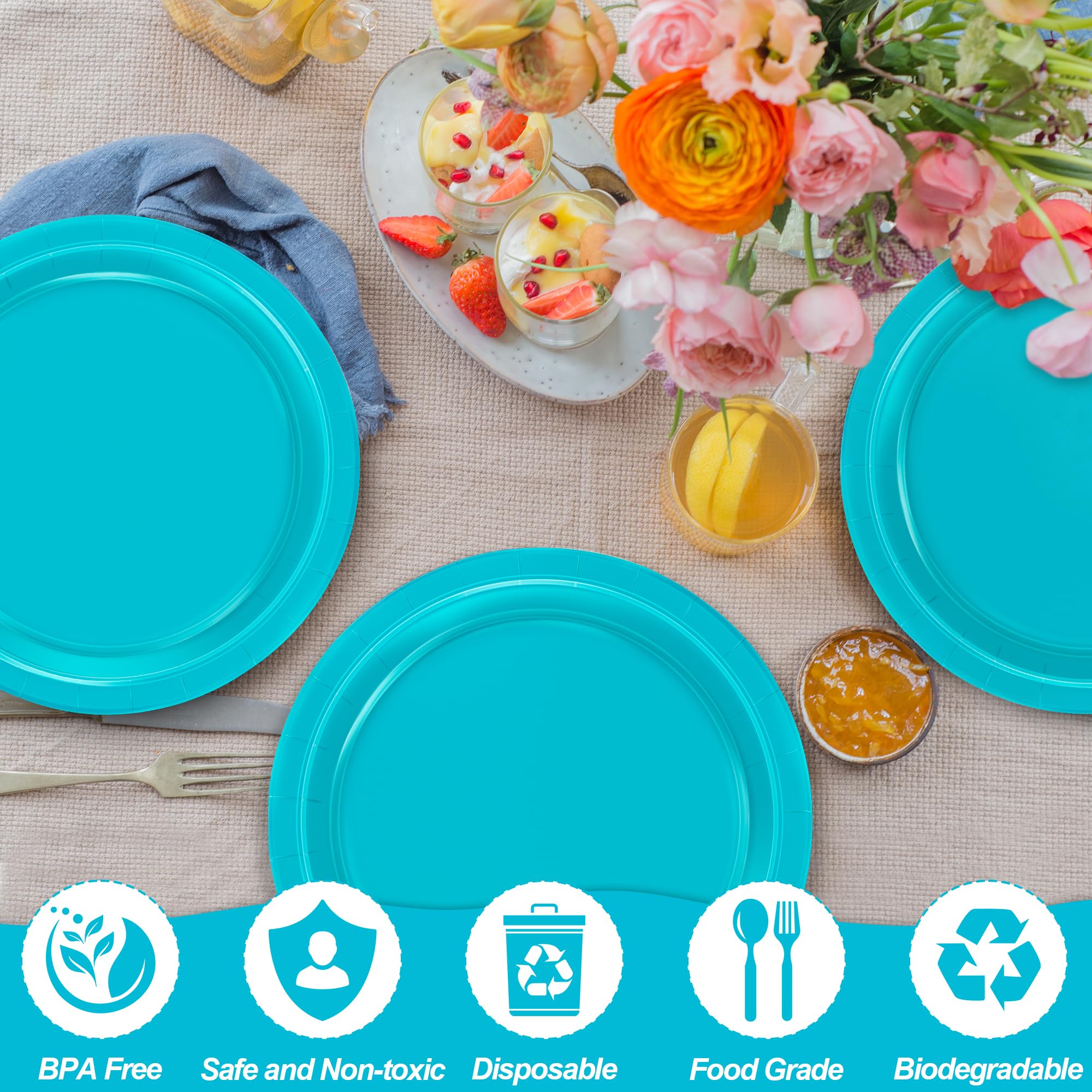 QZYL 50 PCS Paper Plates, Light Blue Round Disposable Party Plates, 9 Inches Paper Dinnerware for Everyday Use, Heavy Duty Table
